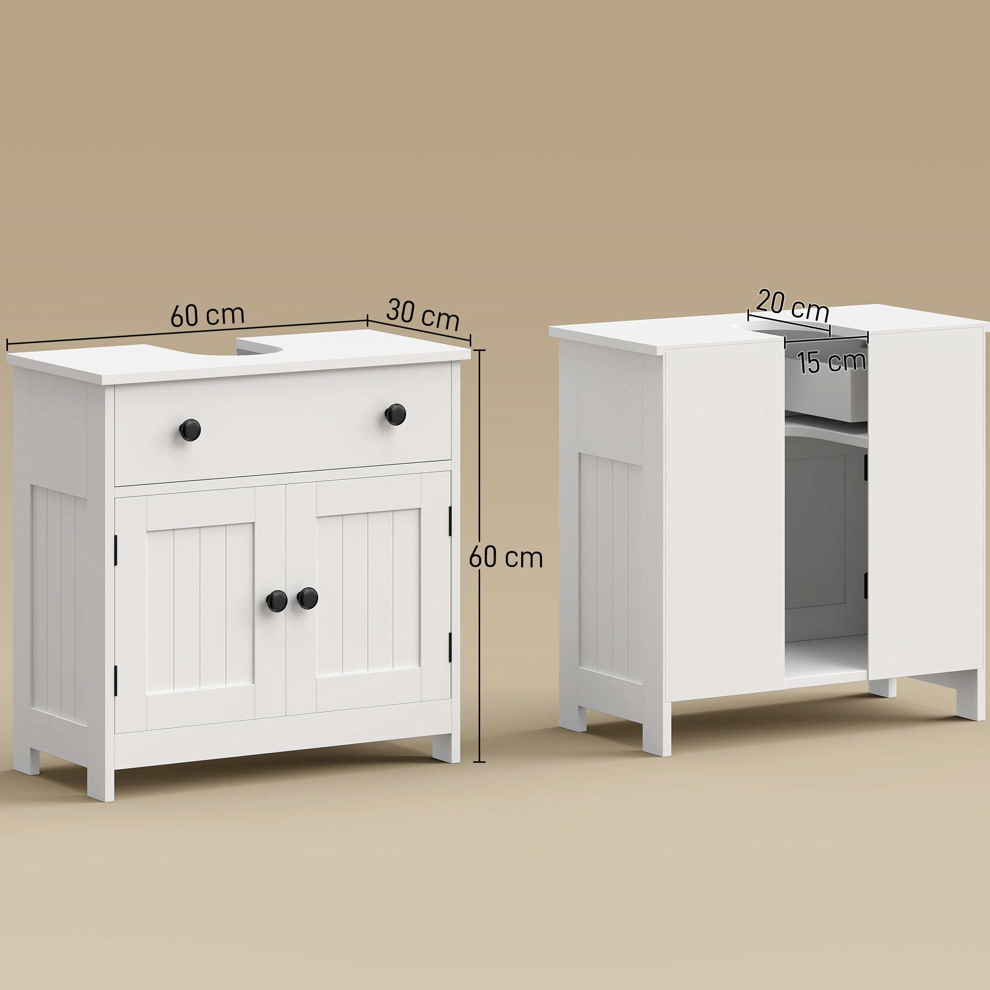 Meuble sous lavabo, meuble de salle de bain moderne avec charnières à fermeture douce, tiroir, 2 portes, découpe en U pour lavabo sans colonne, 60 x 30 x 60 cm, blanc