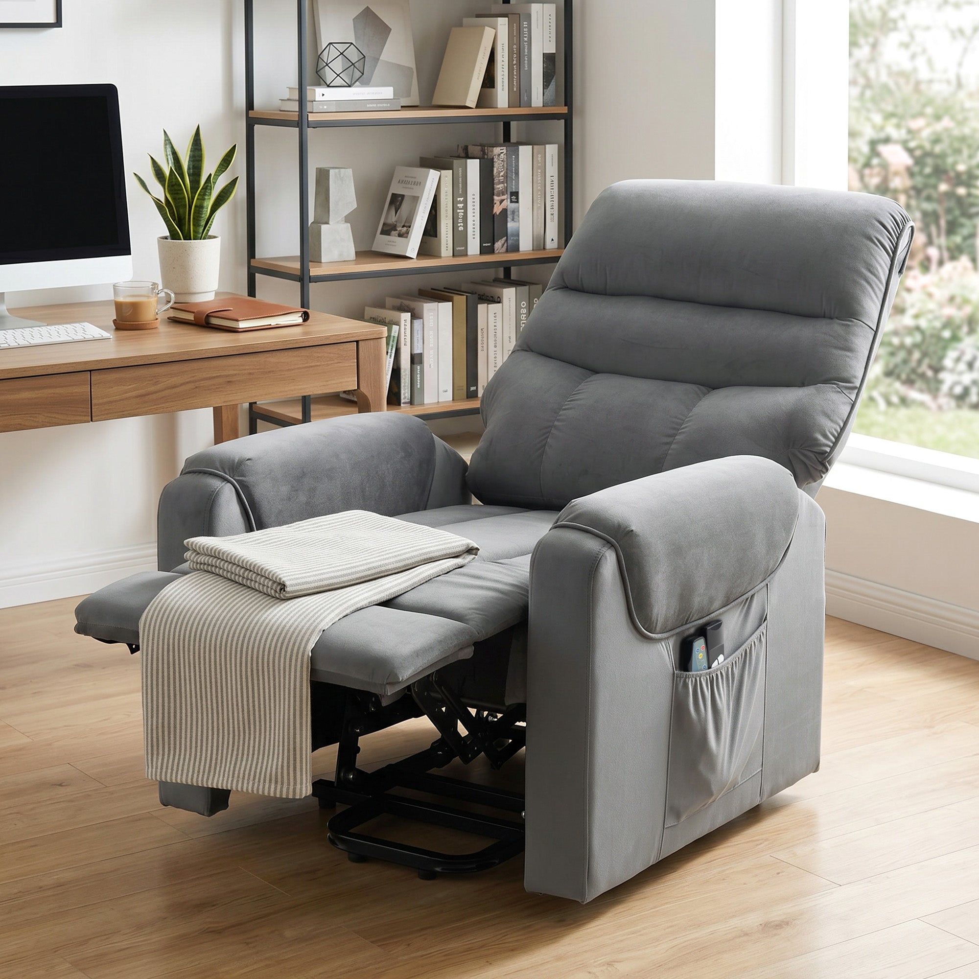 Fauteuil releveur électrique massage vibration et chaleur, fauteuil relax électrique en velours, dossier inclinable, coussin épais, repose-pieds, poches latérales, télécommande, gris foncé