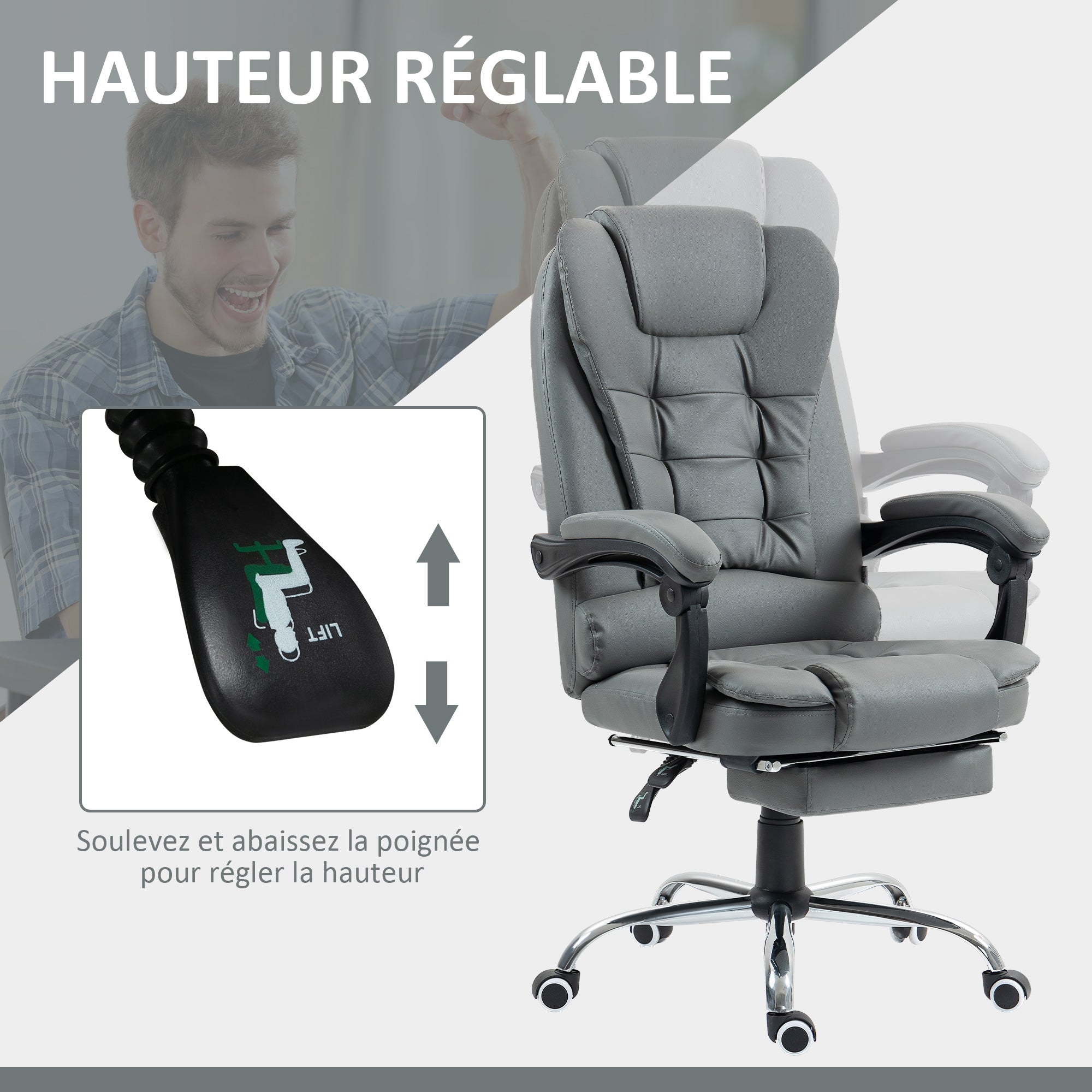 Fauteuil de bureau fauteuil manager grand confort dossier inclinable roulettes PU 64,5 x 69 x 117 cm gris