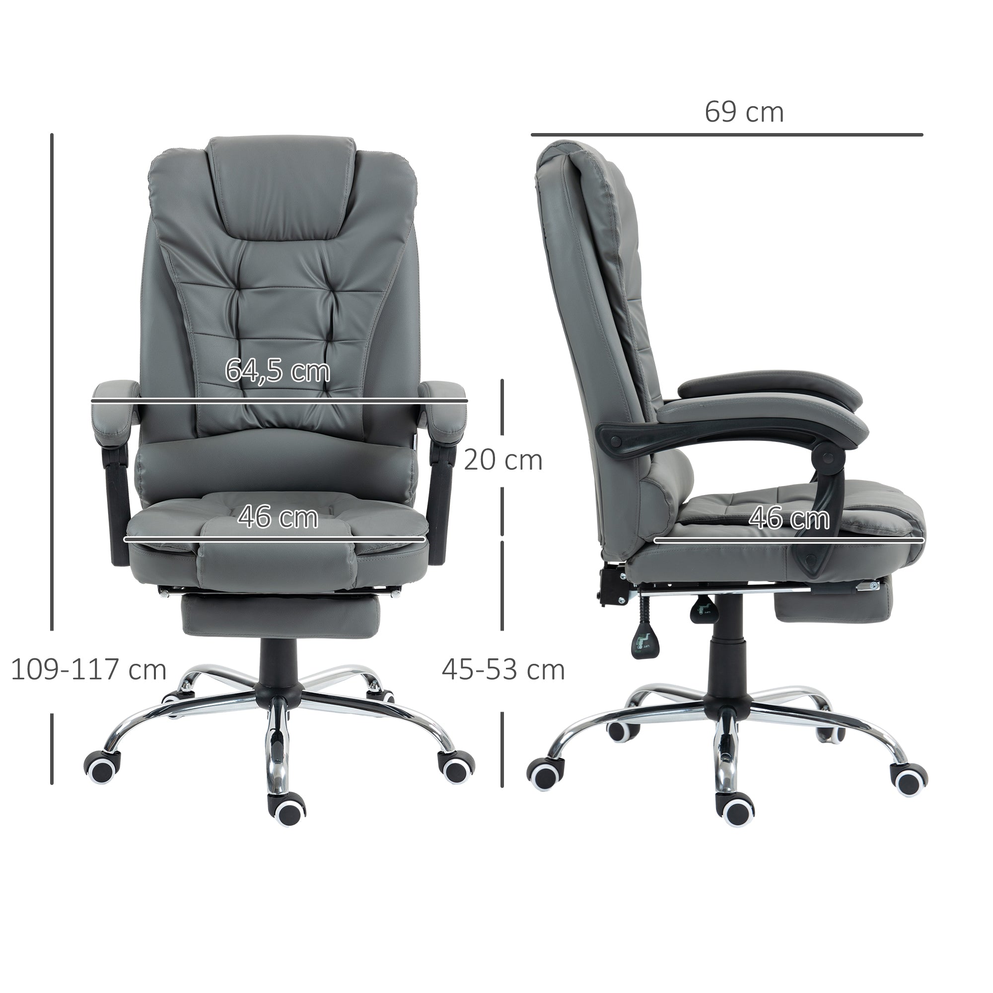 Fauteuil de bureau fauteuil manager grand confort dossier inclinable roulettes PU 64,5 x 69 x 117 cm gris