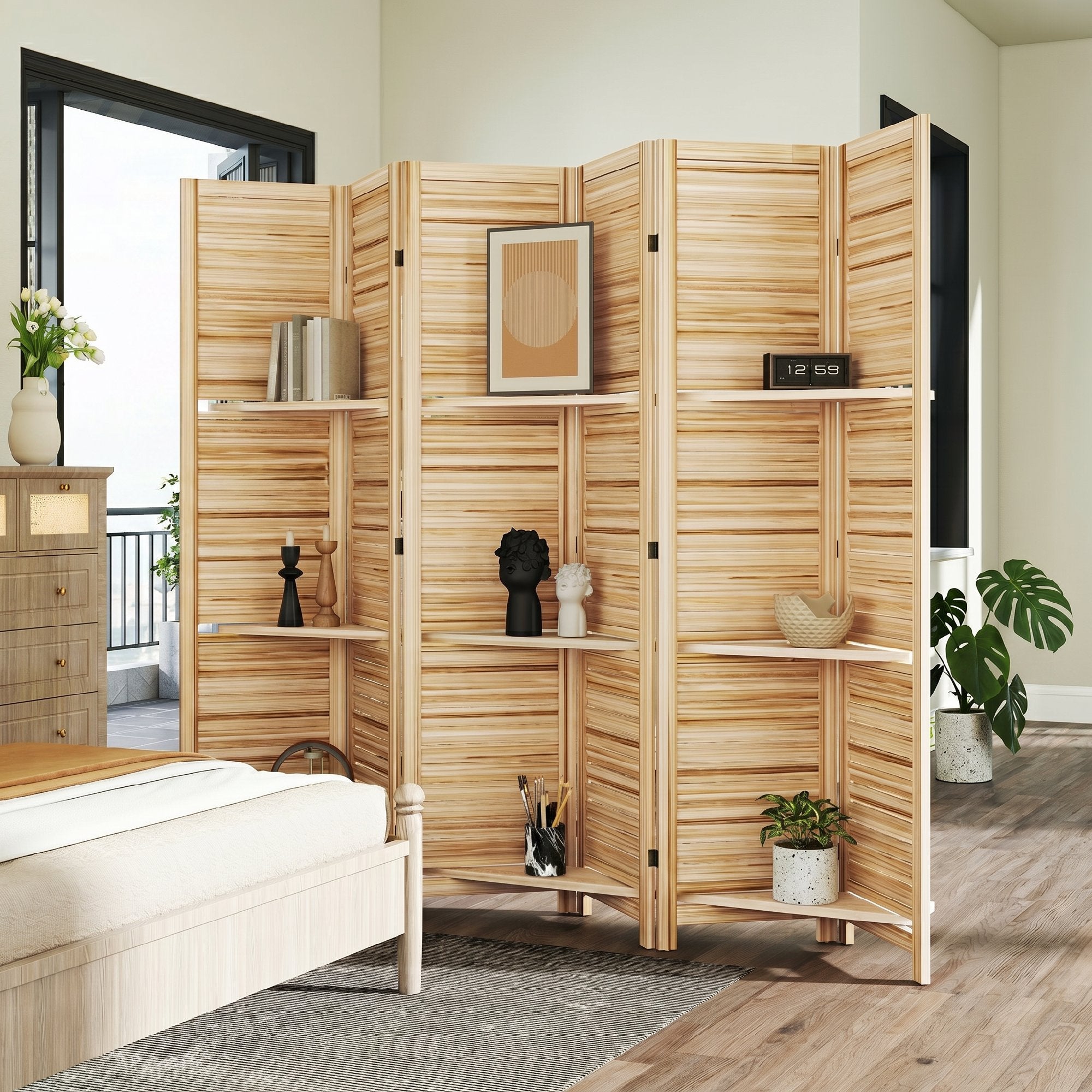 Paravent intérieur en bois 6 panneaux 240 x 170 cm, séparateur de pièce pliable avec 3 étagères, cloison de séparation pour salon, chambre à coucher, maison, bois naturel avec finition brûlée