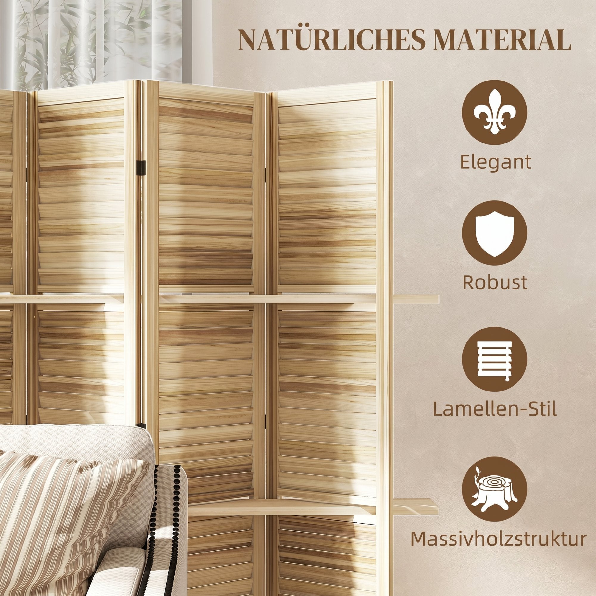 Paravent intérieur en bois 6 panneaux 240 x 170 cm, séparateur de pièce pliable avec 3 étagères, cloison de séparation pour salon, chambre à coucher, maison, bois naturel avec finition brûlée