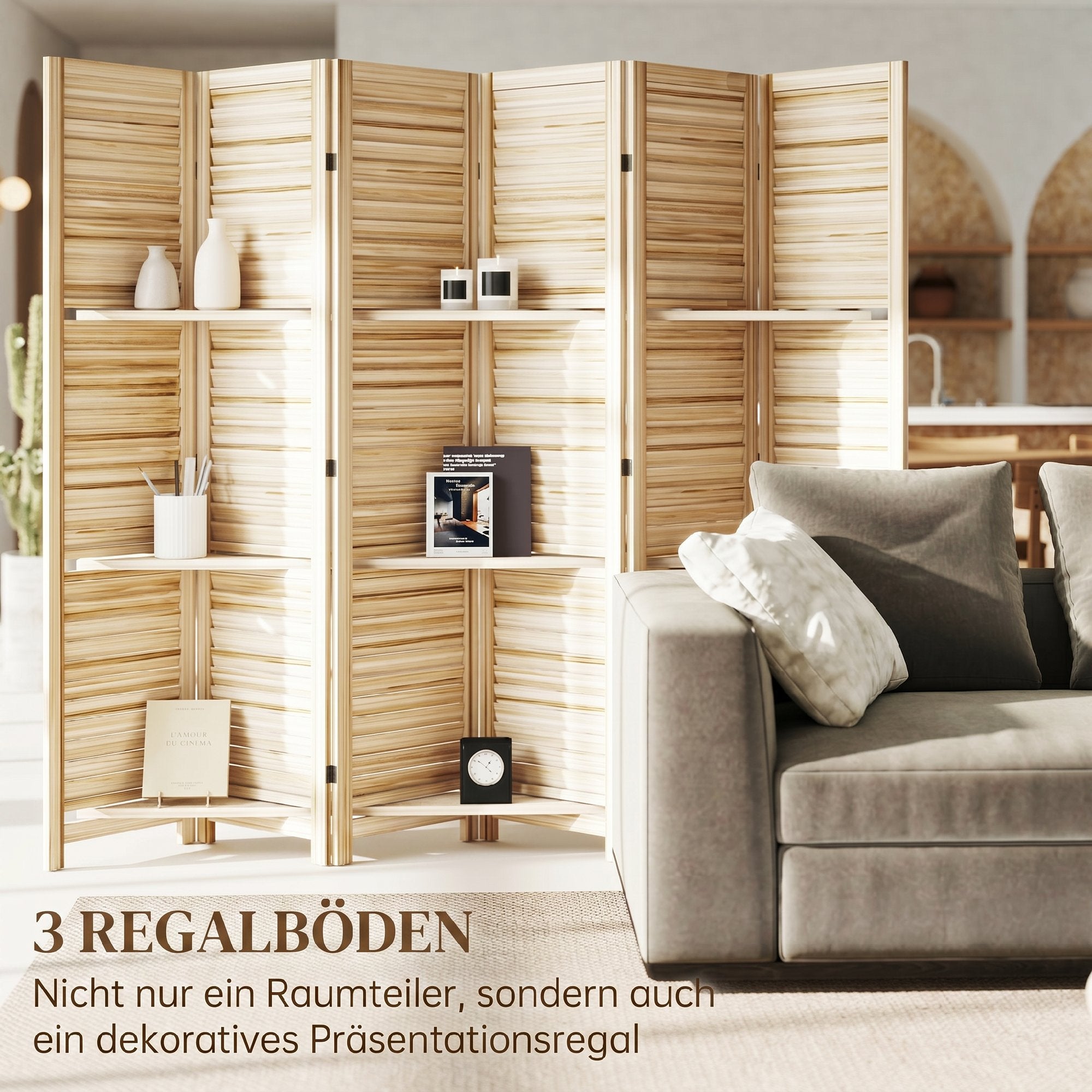Paravent intérieur en bois 6 panneaux 240 x 170 cm, séparateur de pièce pliable avec 3 étagères, cloison de séparation pour salon, chambre à coucher, maison, bois naturel avec finition brûlée