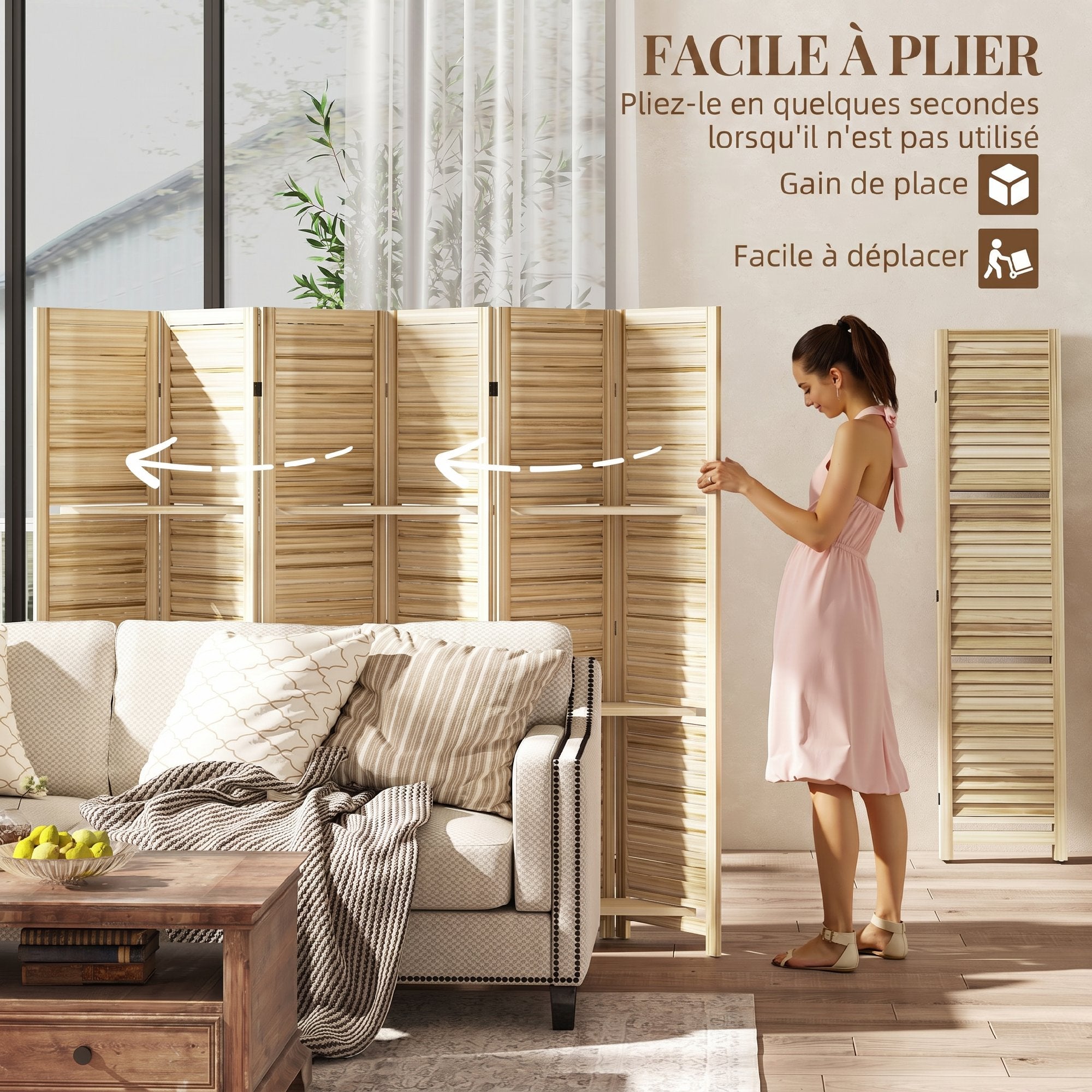 Paravent intérieur en bois 6 panneaux 240 x 170 cm, séparateur de pièce pliable avec 3 étagères, cloison de séparation pour salon, chambre à coucher, maison, bois naturel avec finition brûlée