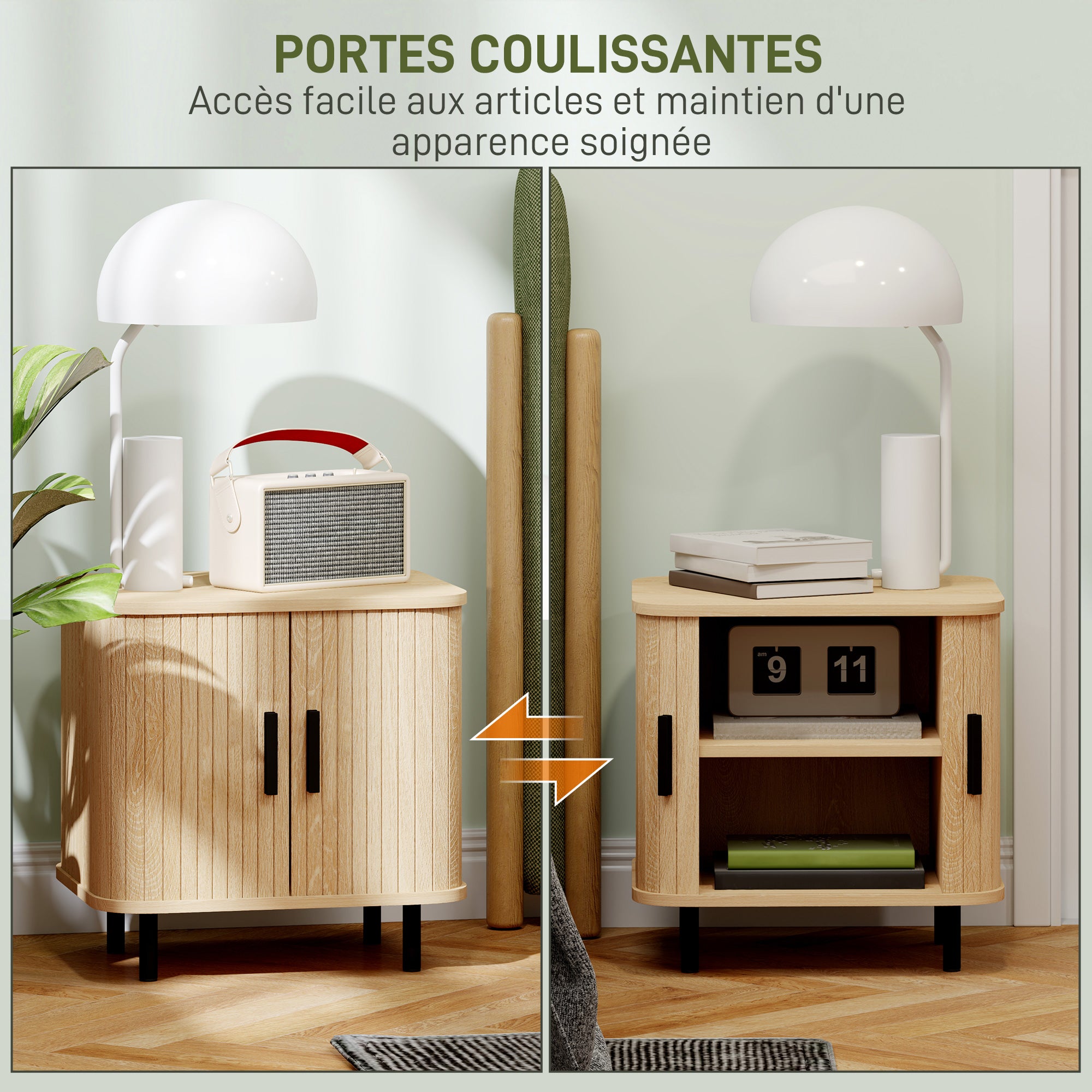 Table de chevet, table d'appoint, table de nuit style scandinave 2 portes coulissantes et pieds en acier pour chambre, salon, 48 x 40 x 48 cm, aspect bois