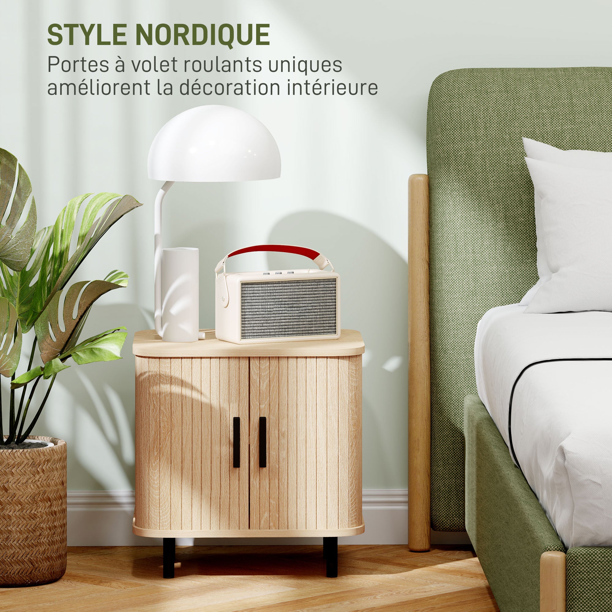 Table de chevet, table d'appoint, table de nuit style scandinave 2 portes coulissantes et pieds en acier pour chambre, salon, 48 x 40 x 48 cm, aspect bois