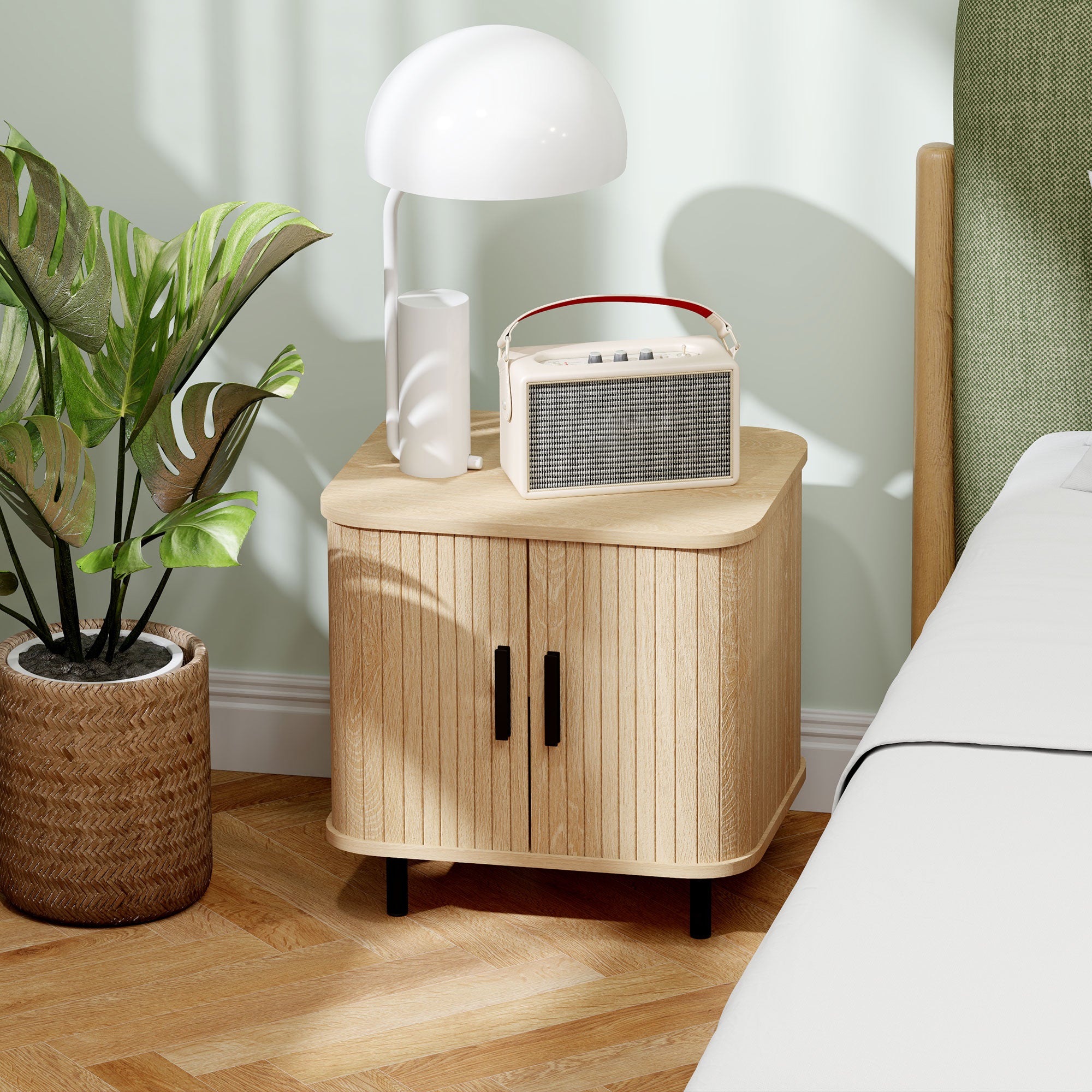 Table de chevet, table d'appoint, table de nuit style scandinave 2 portes coulissantes et pieds en acier pour chambre, salon, 48 x 40 x 48 cm, aspect bois