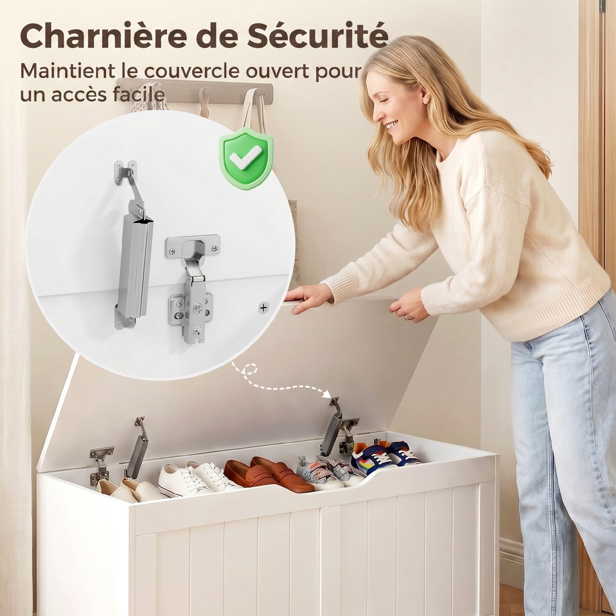 Coffre de Rangement 136 L, Banc Coffre avec 2 Charnières de Sécurité et Design Sans Poignée, Style Moderne, Banc d'Entrée ou Salon, 100 x 40 x 45 cm, Blanc