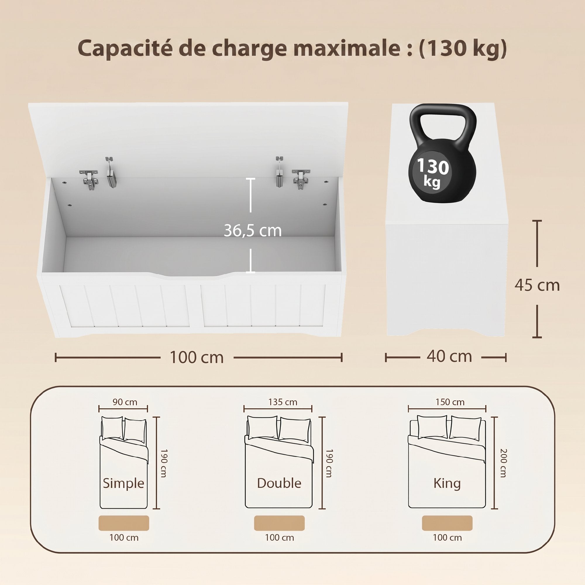 Coffre de Rangement 136 L, Banc Coffre avec 2 Charnières de Sécurité et Design Sans Poignée, Style Moderne, Banc d'Entrée ou Salon, 100 x 40 x 45 cm, Blanc