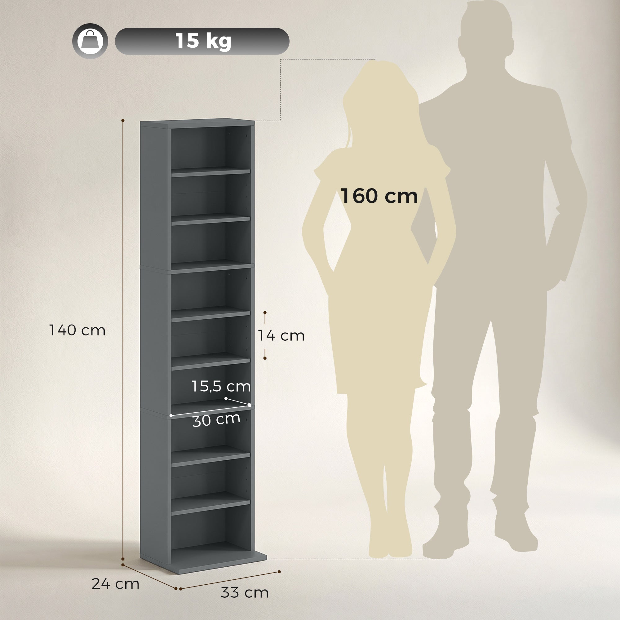 Rangements pour CD et DVD, meuble de rangement multimédia, capacité max. 260 CD/120 DVD, 9 compartiments et 6 étagères réglables, pour salon, chambre, bureau, 33 x 24 x 140 cm, gris