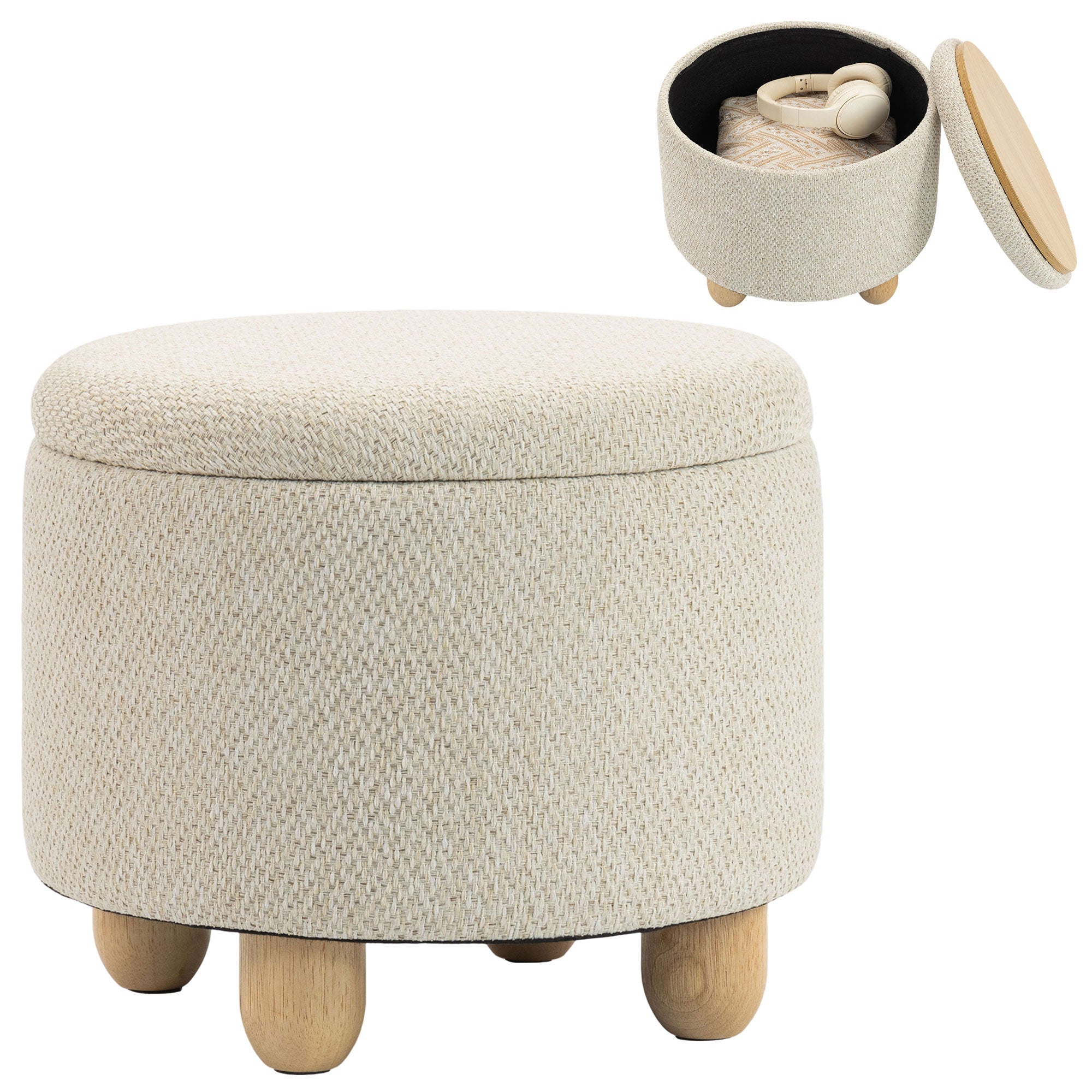 Pouf Coffre de Rangement Rond en Toile de Jute, Repose-pieds avec Couvercle, Pieds Bois Hévéa, Tabouret de Rangement pour Chambre, Couloir, Salon, Ø 38,5 x 33,5 cm, Beige