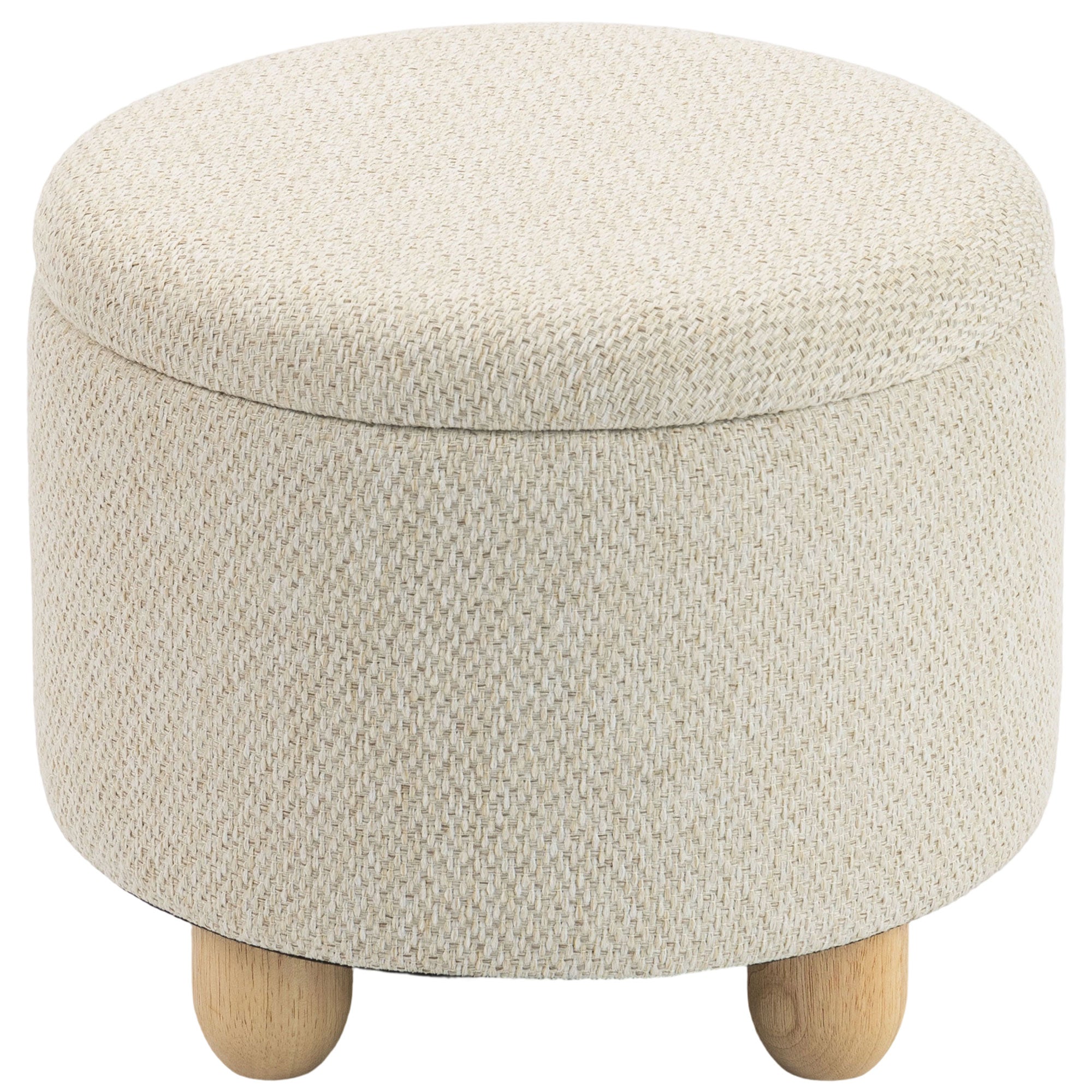 Pouf Coffre de Rangement Rond en Toile de Jute, Repose-pieds avec Couvercle, Pieds Bois Hévéa, Tabouret de Rangement pour Chambre, Couloir, Salon, Ø 38,5 x 33,5 cm, Beige