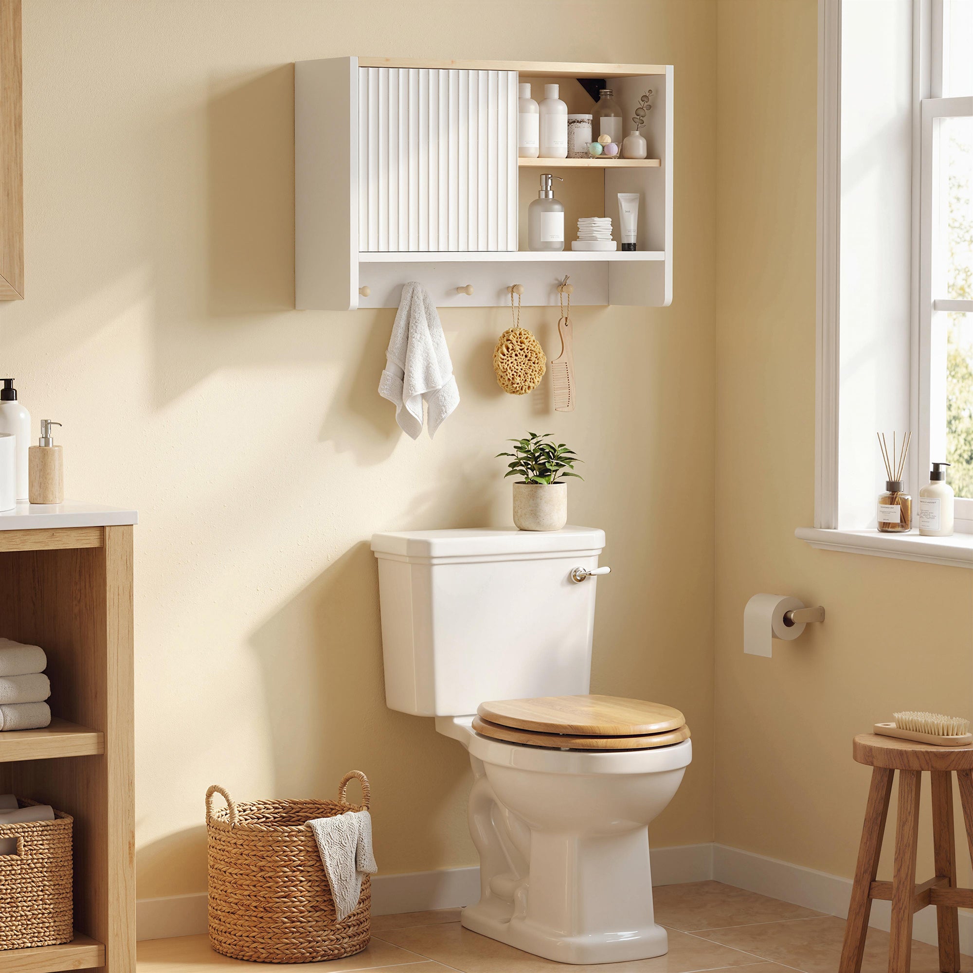 Armoire murale de salle de bain, meuble de rangement suspendu pour salle de bains avec porte, étagères ouvertes et 5 crochets, meuble WC suspendu, 60 x 20 x 40 cm, blanc et chêne