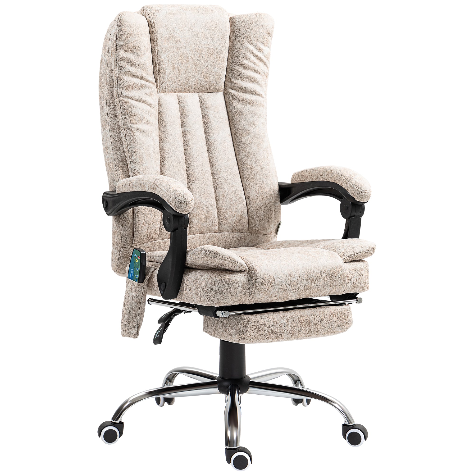 Fauteuil de bureau massant et chauffant, chaise de bureau, chaise ergonomique avec hauteur réglable, dossier inclinable, repose-pied et télécommande filaire, pivotant à 360°, crème