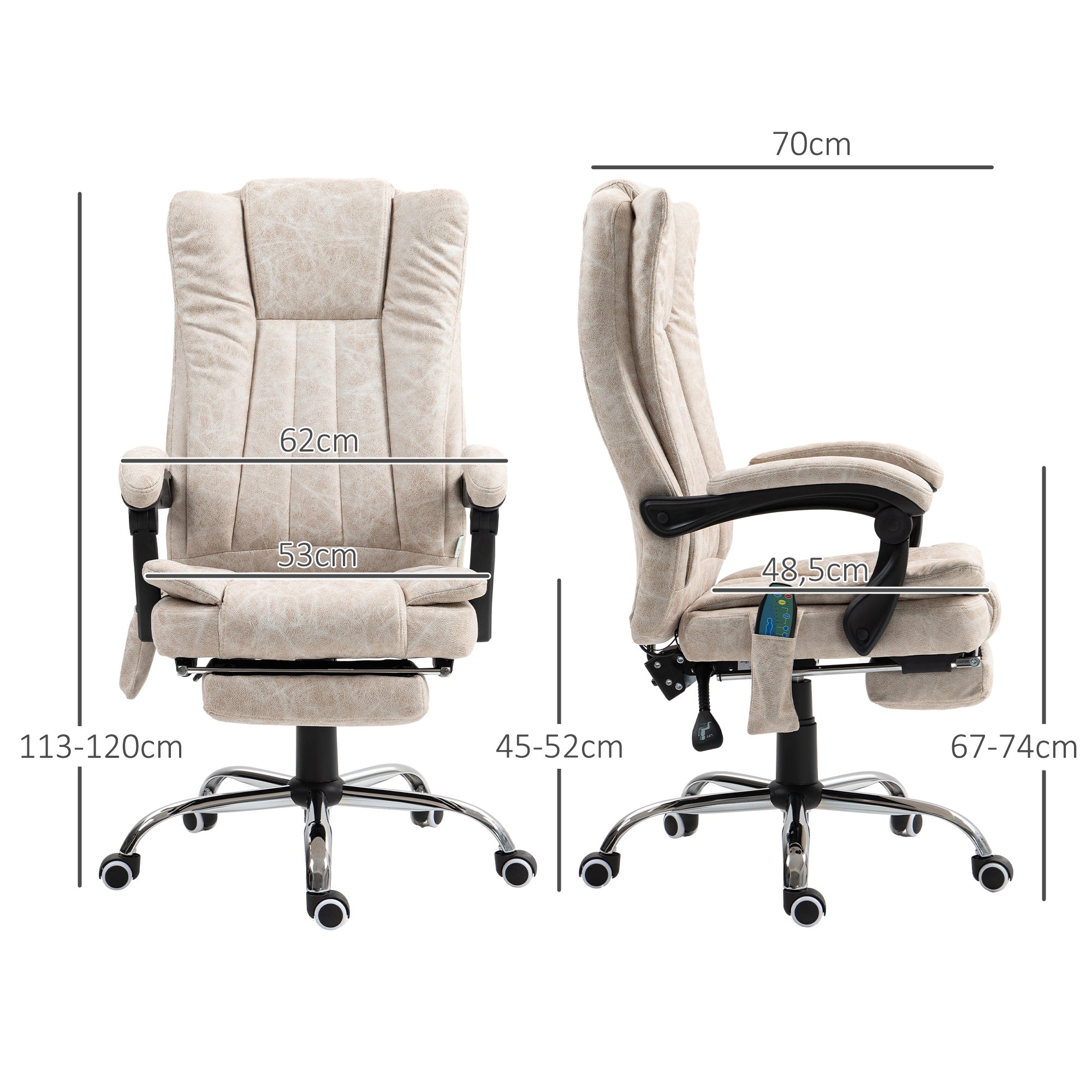 Fauteuil de bureau massant et chauffant, chaise de bureau, chaise ergonomique avec hauteur réglable, dossier inclinable, repose-pied et télécommande filaire, pivotant à 360°, crème