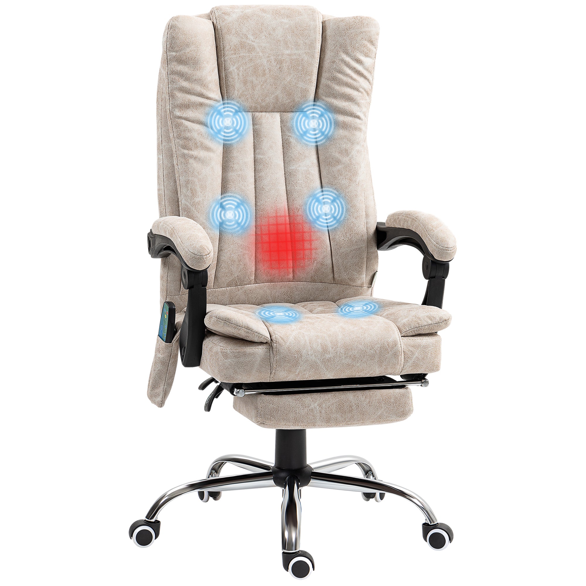 Fauteuil de bureau massant et chauffant, chaise de bureau, chaise ergonomique avec hauteur réglable, dossier inclinable, repose-pied et télécommande filaire, pivotant à 360°, crème