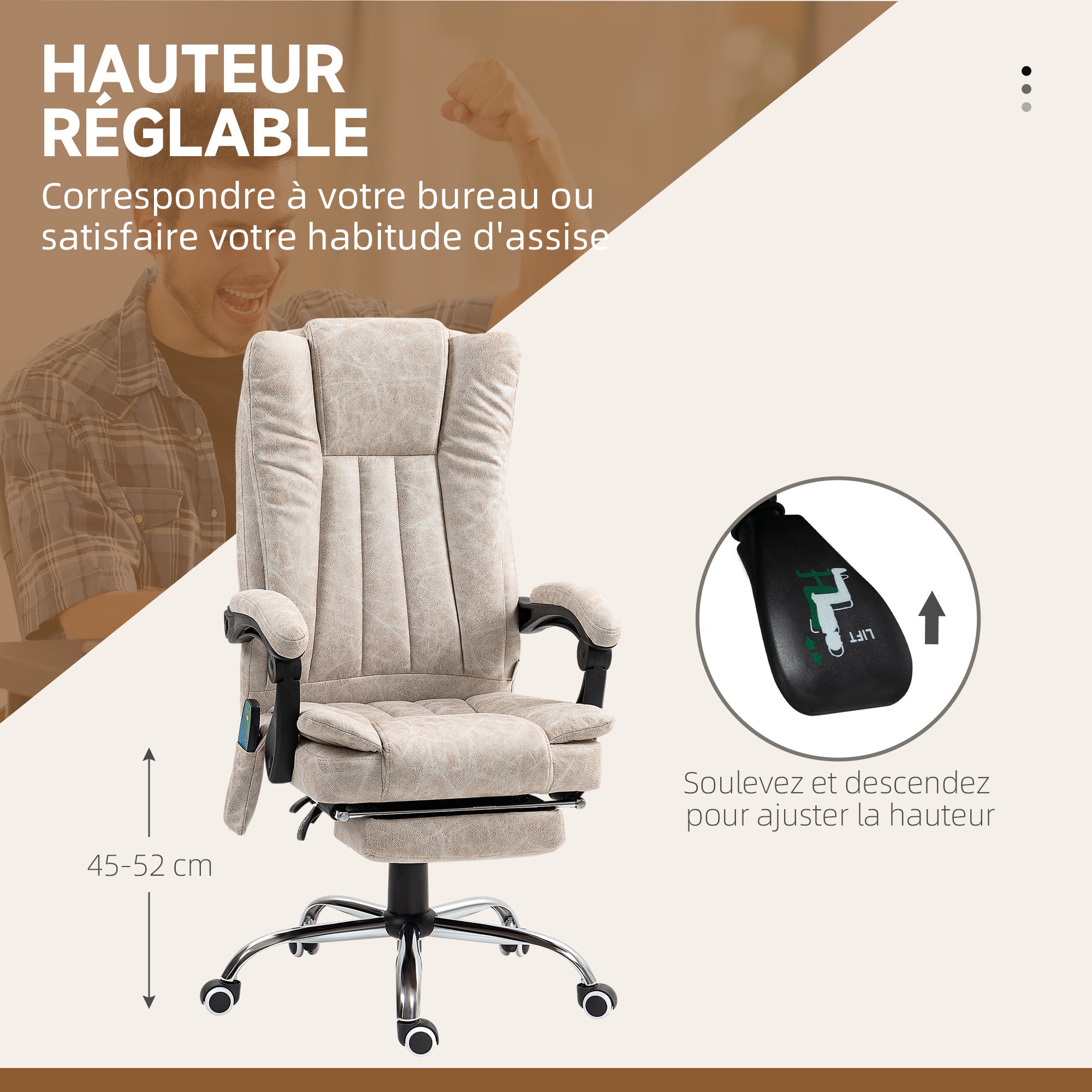 Fauteuil de bureau massant et chauffant, chaise de bureau, chaise ergonomique avec hauteur réglable, dossier inclinable, repose-pied et télécommande filaire, pivotant à 360°, crème