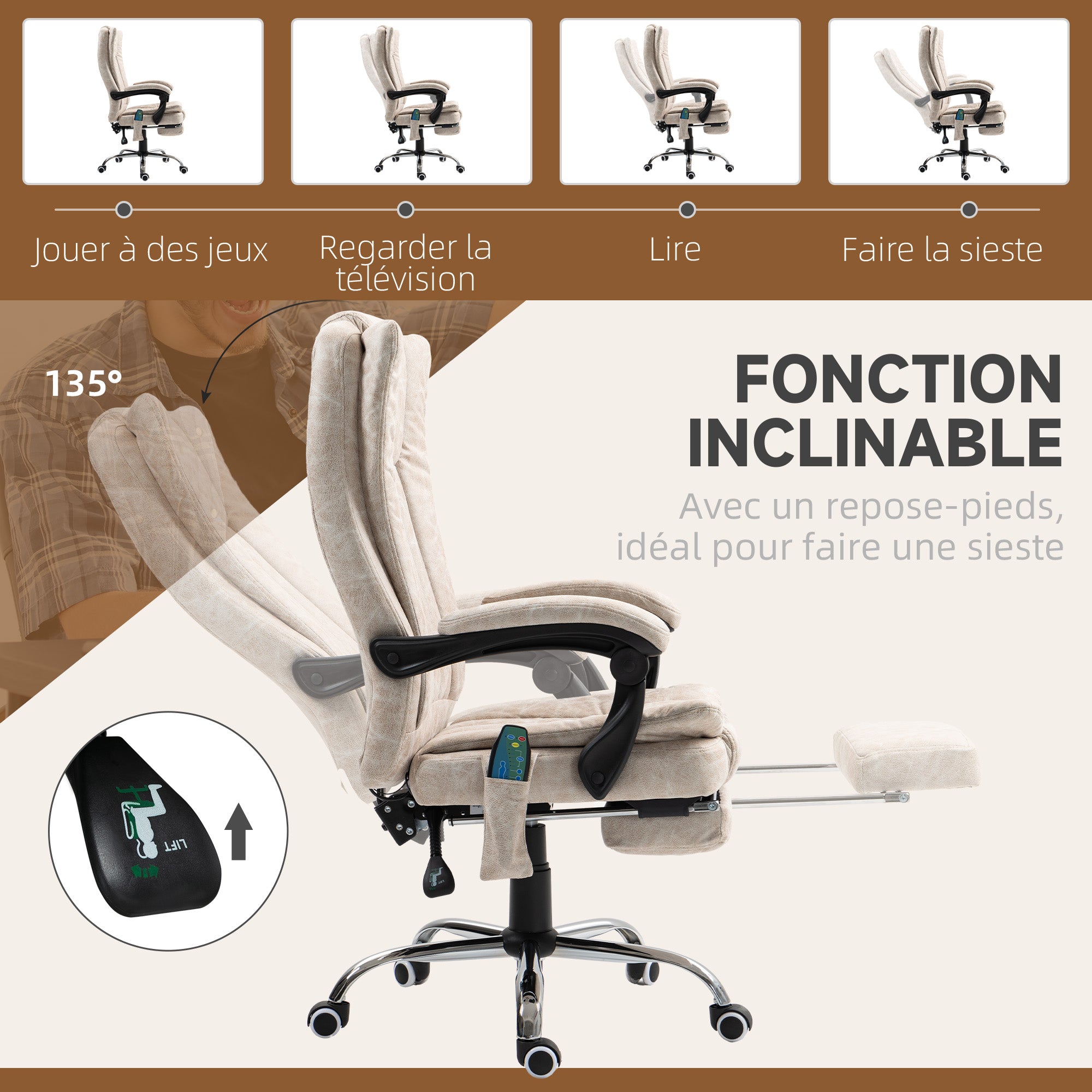 Fauteuil de bureau massant et chauffant, chaise de bureau, chaise ergonomique avec hauteur réglable, dossier inclinable, repose-pied et télécommande filaire, pivotant à 360°, crème