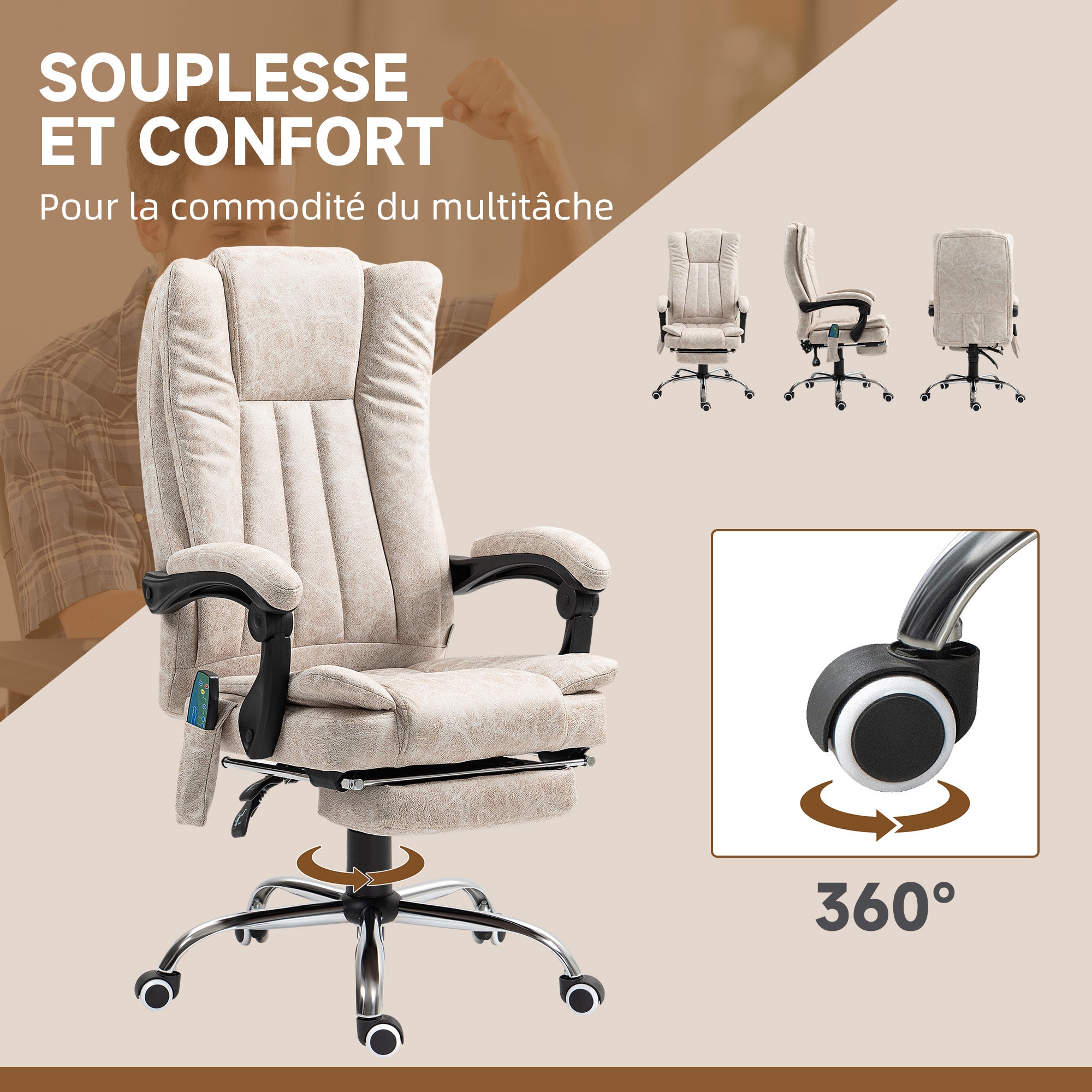 Fauteuil de bureau massant et chauffant, chaise de bureau, chaise ergonomique avec hauteur réglable, dossier inclinable, repose-pied et télécommande filaire, pivotant à 360°, crème