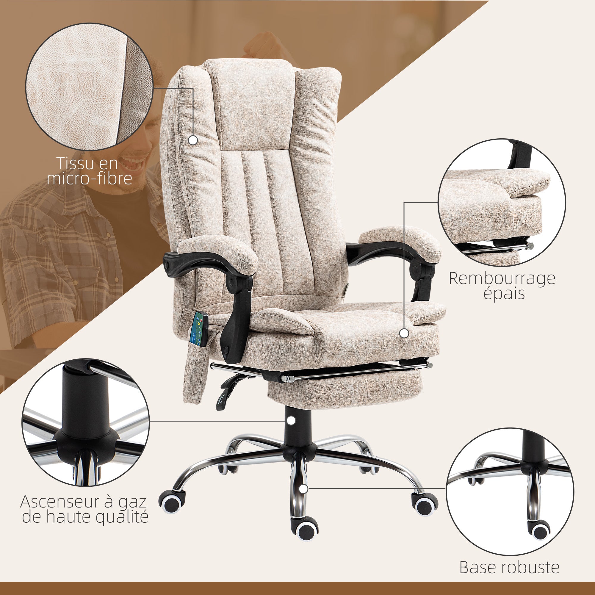 Fauteuil de bureau massant et chauffant, chaise de bureau, chaise ergonomique avec hauteur réglable, dossier inclinable, repose-pied et télécommande filaire, pivotant à 360°, crème