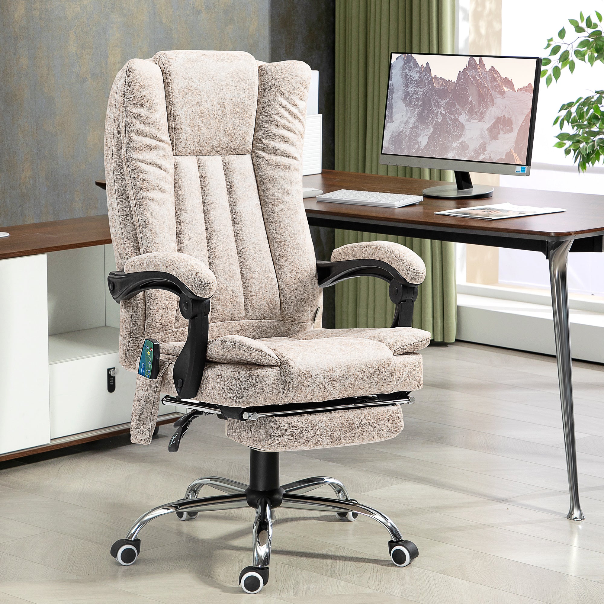 Fauteuil de bureau massant et chauffant, chaise de bureau, chaise ergonomique avec hauteur réglable, dossier inclinable, repose-pied et télécommande filaire, pivotant à 360°, crème