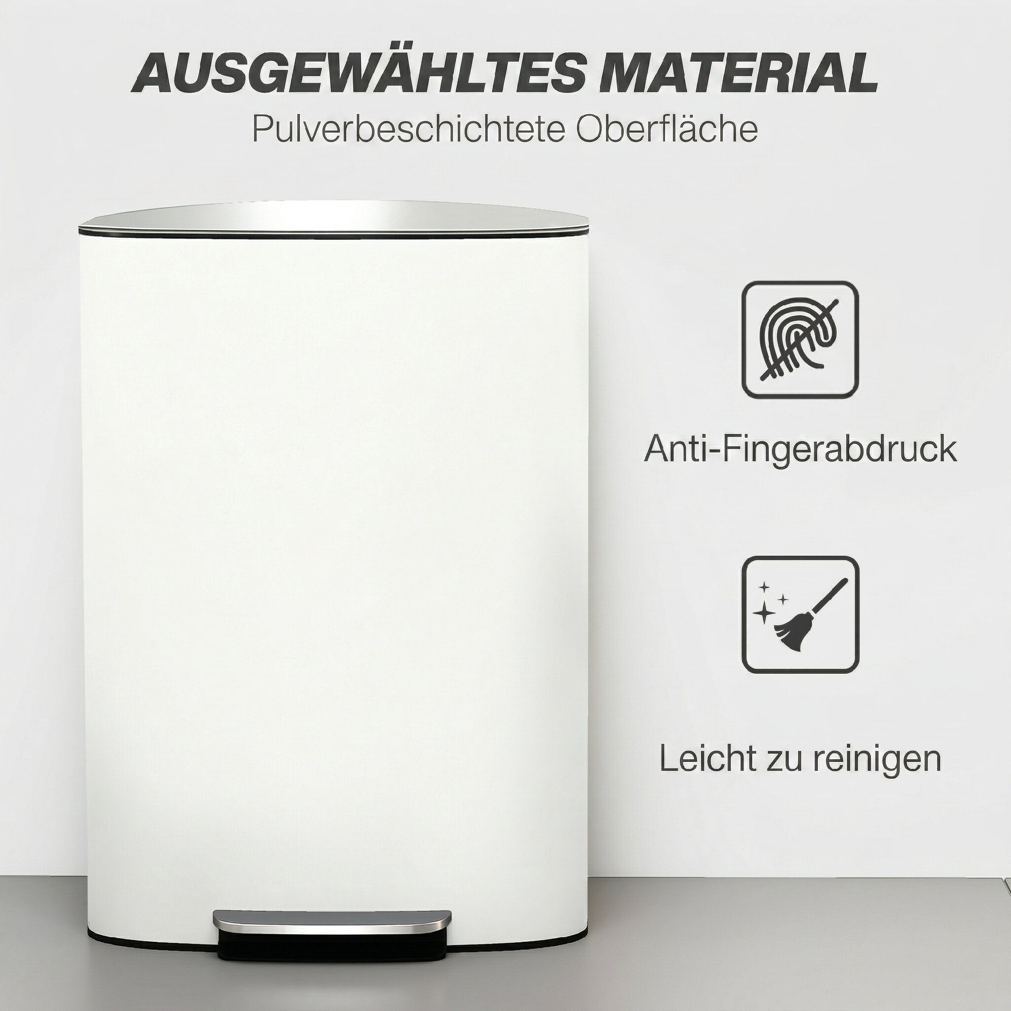 Poubelle de cuisine 50 L poubelle à pédale avec fonction maintien ouvert, couvercle à fermeture douce, pédale, en acier inoxydable, blanc crème, 45,1 x 36,5 x 62,6 cm