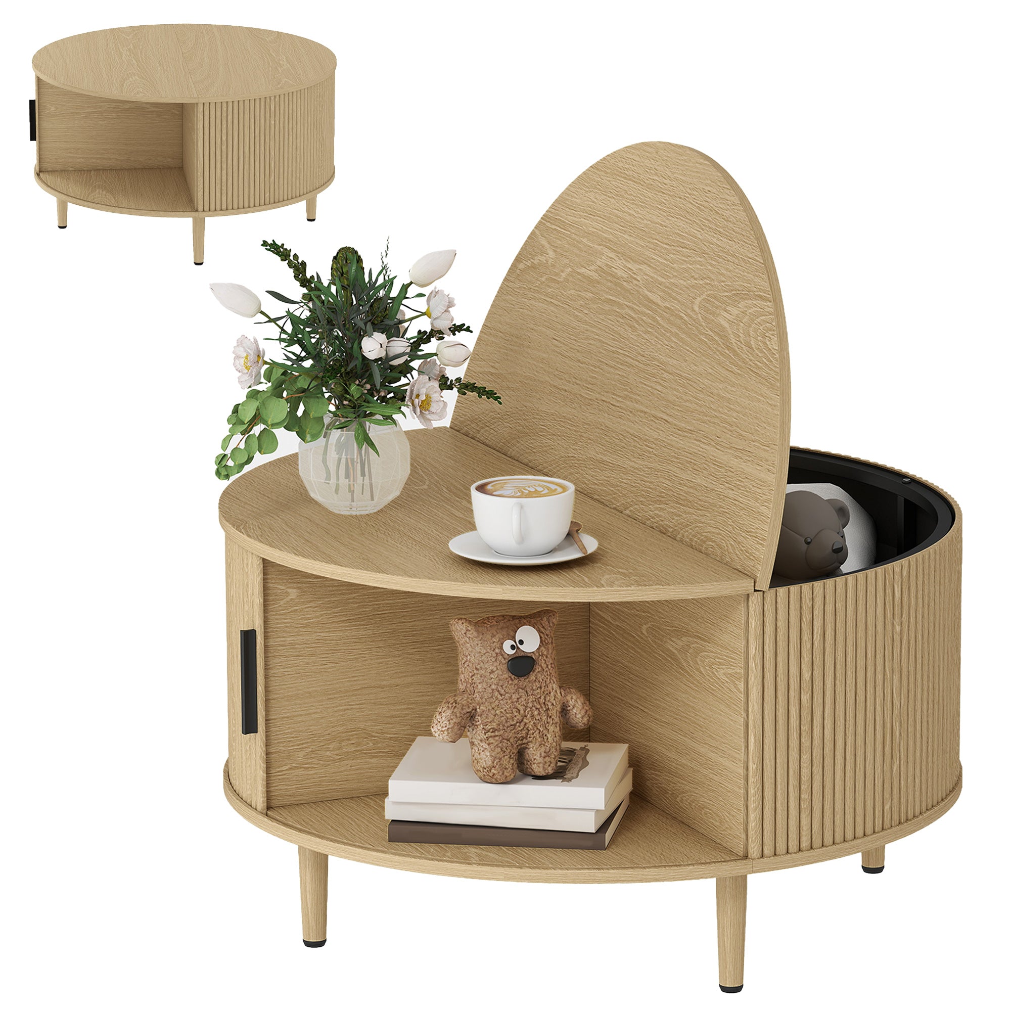 Table Basse Ronde Ø 80 cm, Table de Salon avec Plateau Relevable et Porte Coulissante à Rainures, Base en Tambour, Style Moderne, pour Chambre, Séjour e Bureau, Effet Bois Naturel