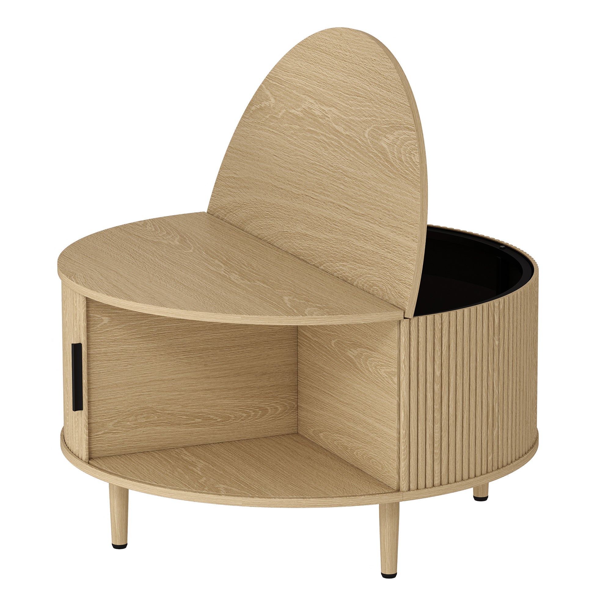 Table Basse Ronde Ø 80 cm, Table de Salon avec Plateau Relevable et Porte Coulissante à Rainures, Base en Tambour, Style Moderne, pour Chambre, Séjour e Bureau, Effet Bois Naturel