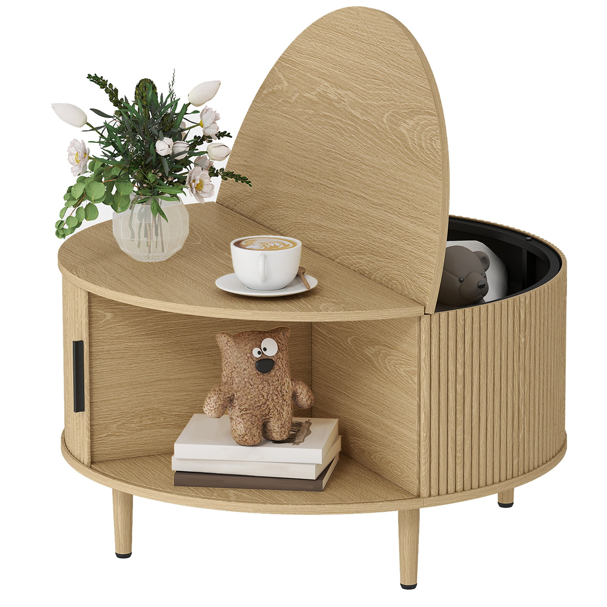 Table Basse Ronde Ø 80 cm, Table de Salon avec Plateau Relevable et Porte Coulissante à Rainures, Base en Tambour, Style Moderne, pour Chambre, Séjour e Bureau, Effet Bois Naturel
