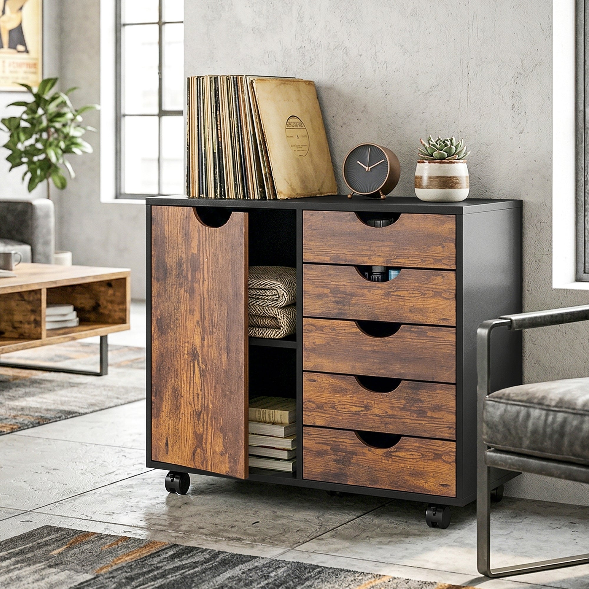 Caisson de bureau mobile avec 5 tiroirs et 1 porte, étagère réglable, meuble rangement bureau, caisson de rangement sur roulettes, pour documents et papeterie, 78 x 40 x 66,5 cm, brun rustique