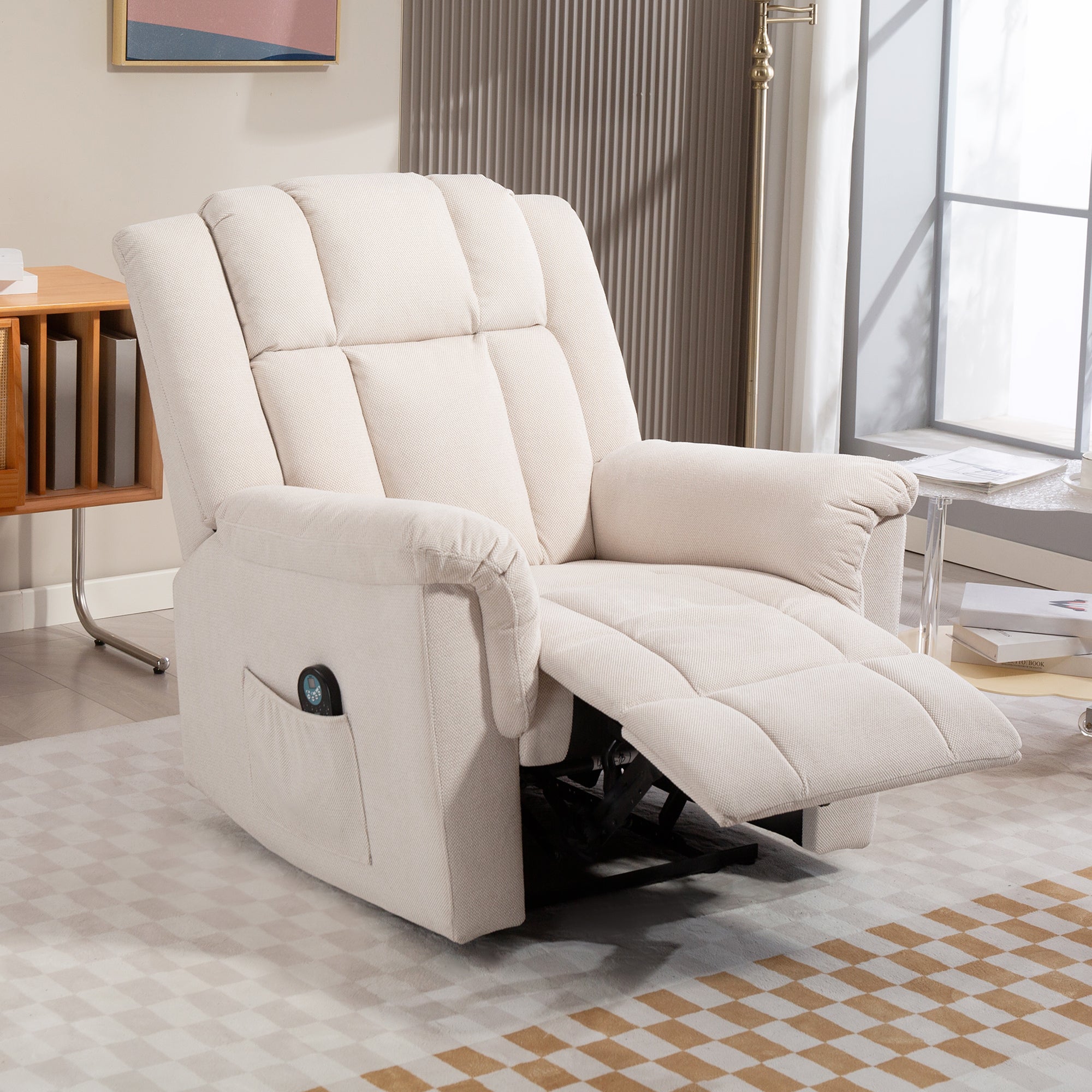 Fauteuil relax électrique massant et chauffant, fauteuil inclinable tissu chenille avec dossier et repose-pieds réglable manuellement, poche latérale, pour chambre, salon et home cinéma, beige