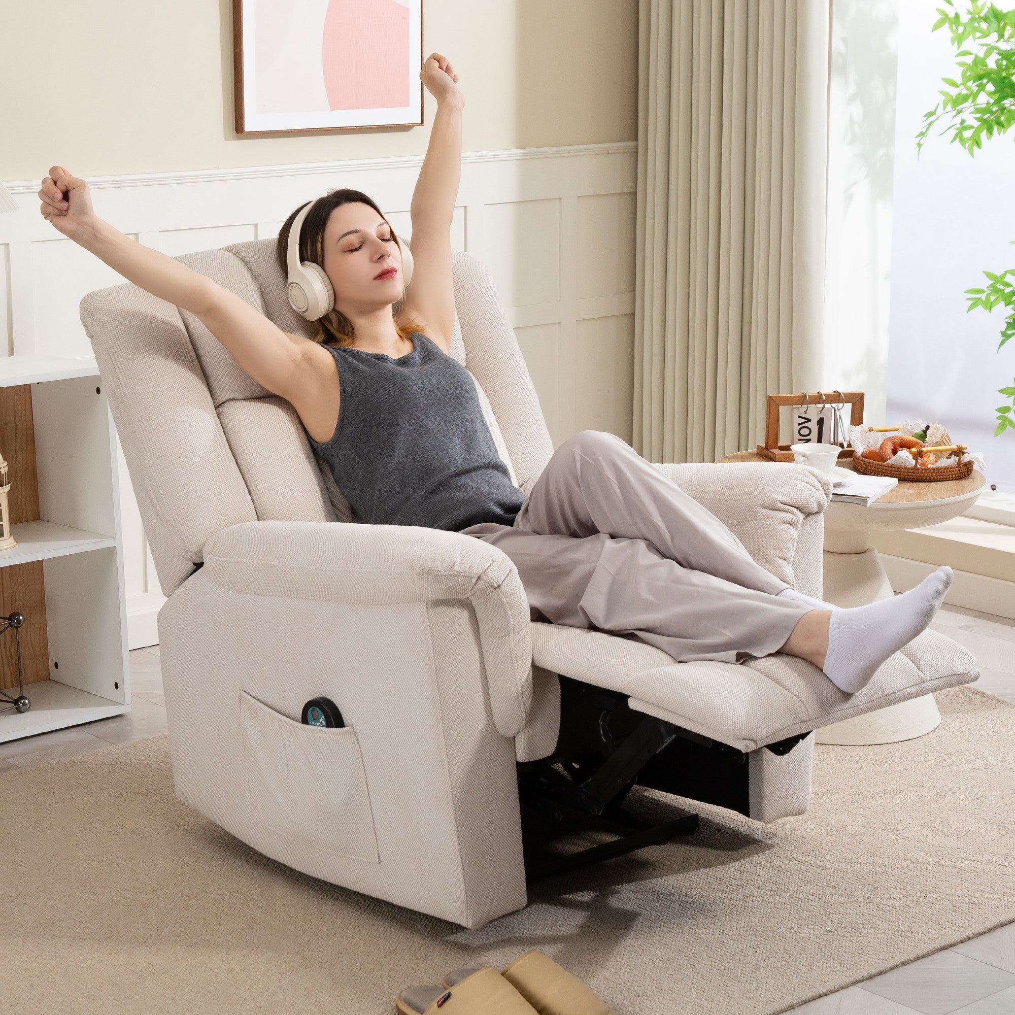 Fauteuil relax électrique massant et chauffant, fauteuil inclinable tissu chenille avec dossier et repose-pieds réglable manuellement, poche latérale, pour chambre, salon et home cinéma, beige