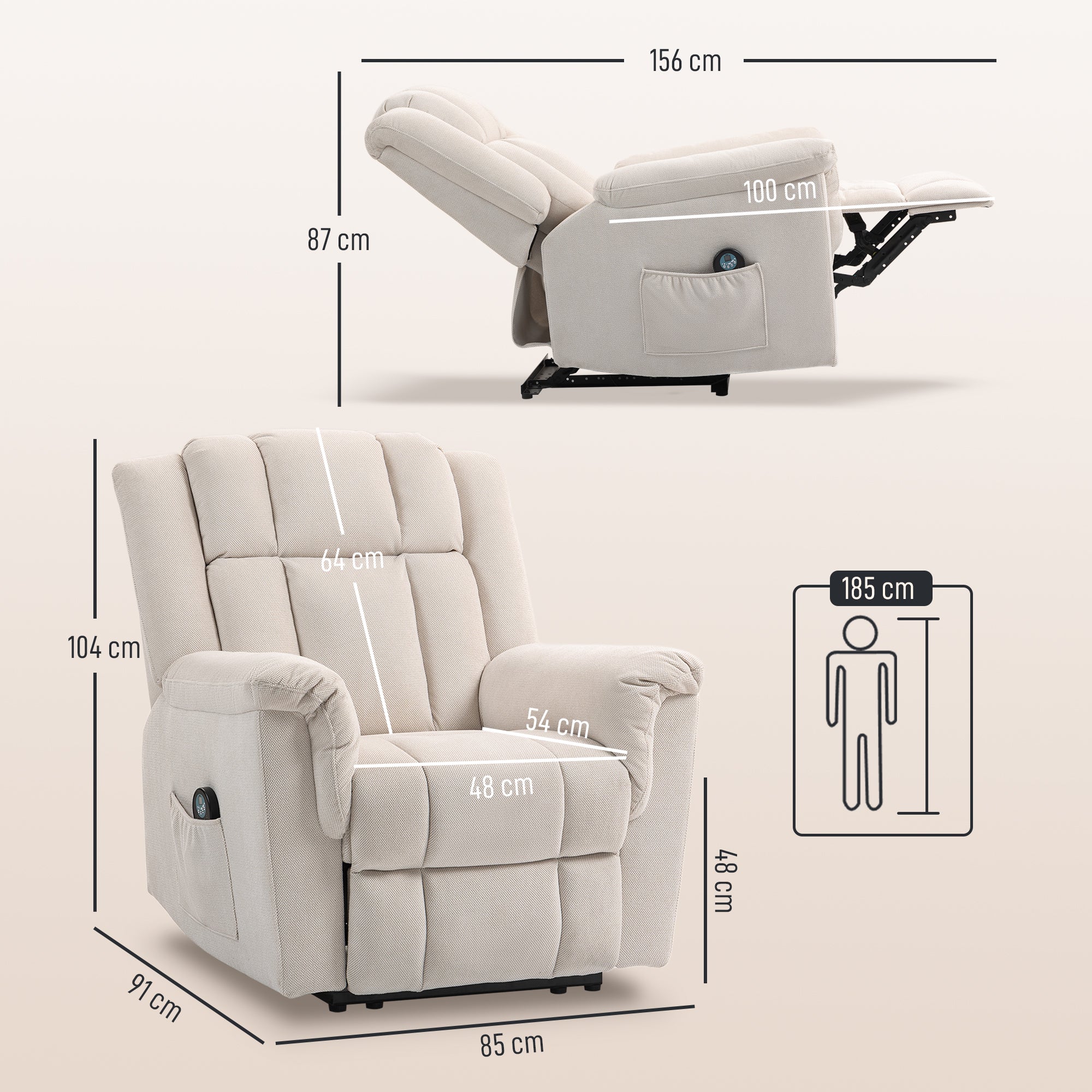 Fauteuil relax électrique massant et chauffant, fauteuil inclinable tissu chenille avec dossier et repose-pieds réglable manuellement, poche latérale, pour chambre, salon et home cinéma, beige