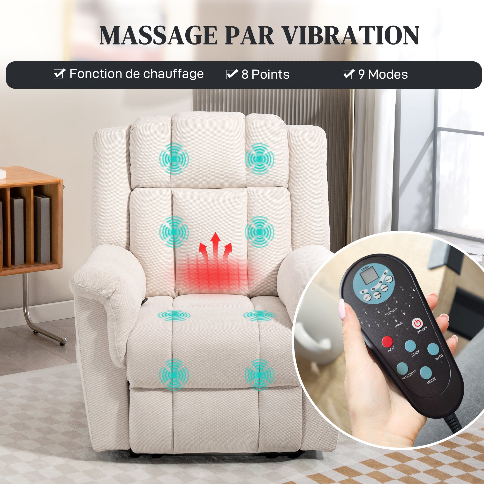 Fauteuil relax électrique massant et chauffant, fauteuil inclinable tissu chenille avec dossier et repose-pieds réglable manuellement, poche latérale, pour chambre, salon et home cinéma, beige