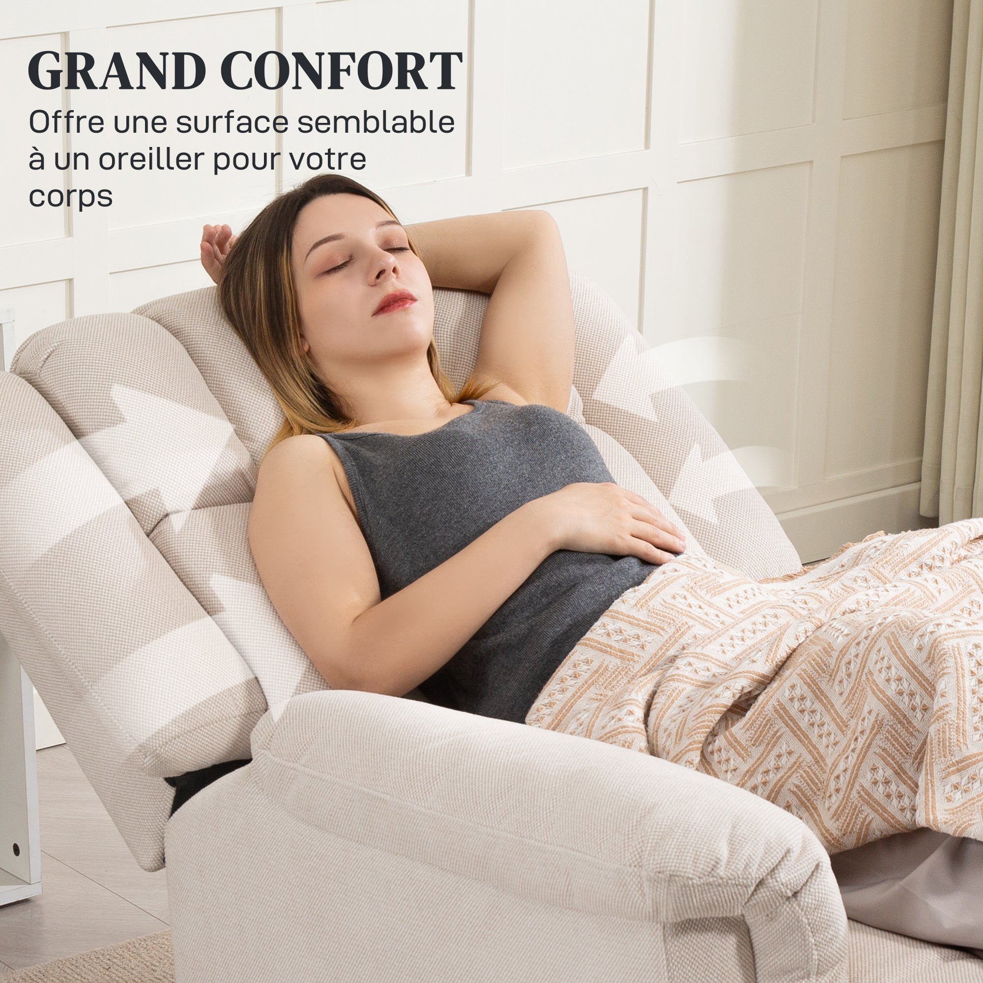 Fauteuil relax électrique massant et chauffant, fauteuil inclinable tissu chenille avec dossier et repose-pieds réglable manuellement, poche latérale, pour chambre, salon et home cinéma, beige