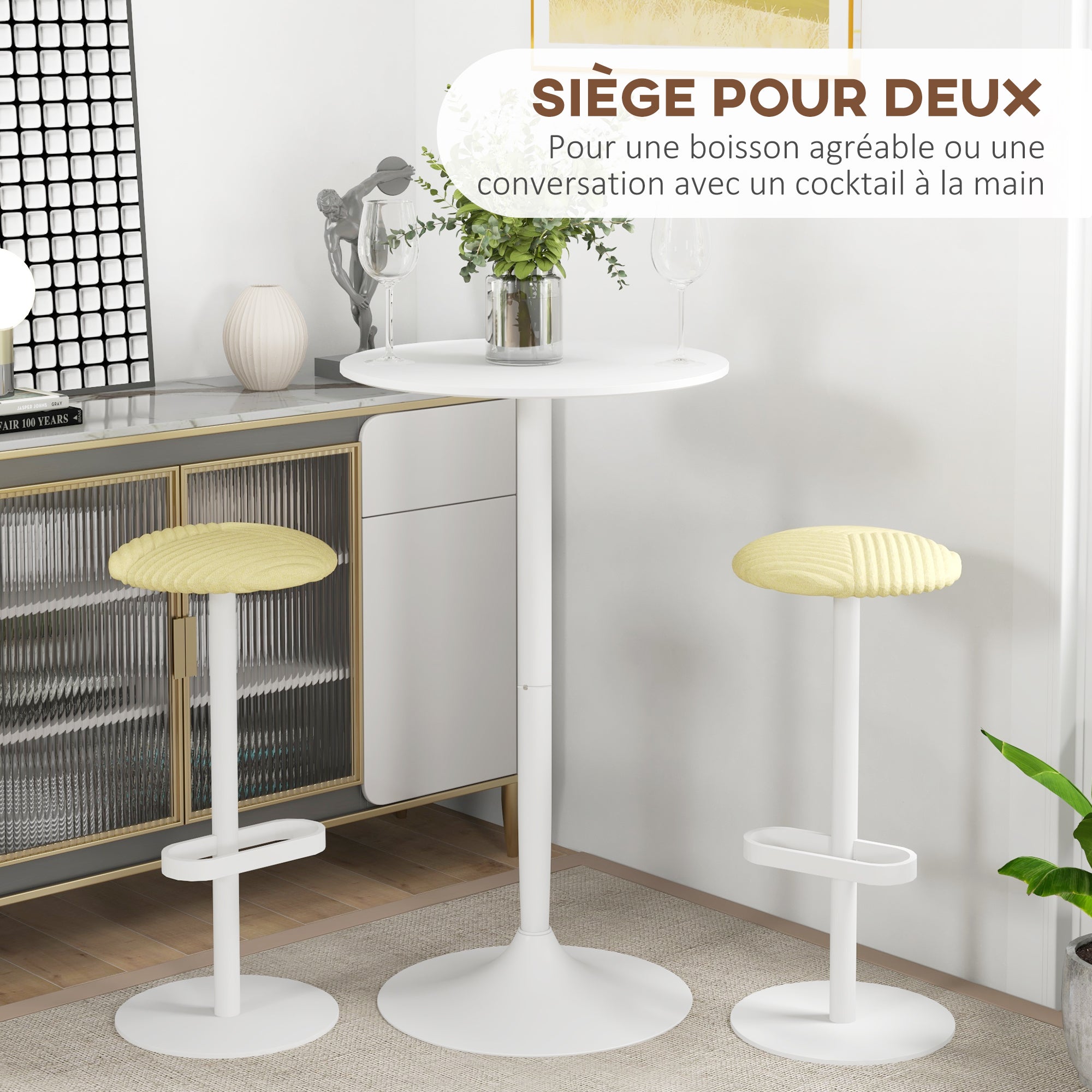 Table de bar ronde table de bistro mange-debout style contemporain avec plateau peint et cadre en acier dim. 60L x 60l x 102H cm blanc
