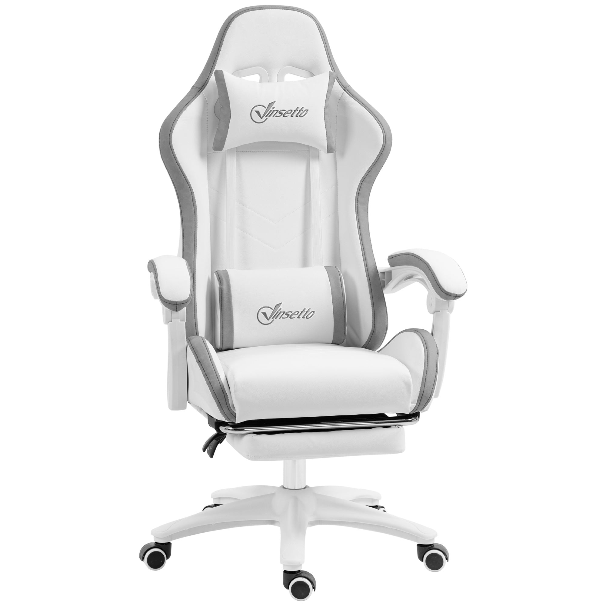 Chaise gaming fauteuil gaming ergonomique repose-pieds télescopique, dossier inclinable à 135°, appui-tête réglable et soutien lombaire, fauteuil de bureau 360° rotatif en similicuir, blanc