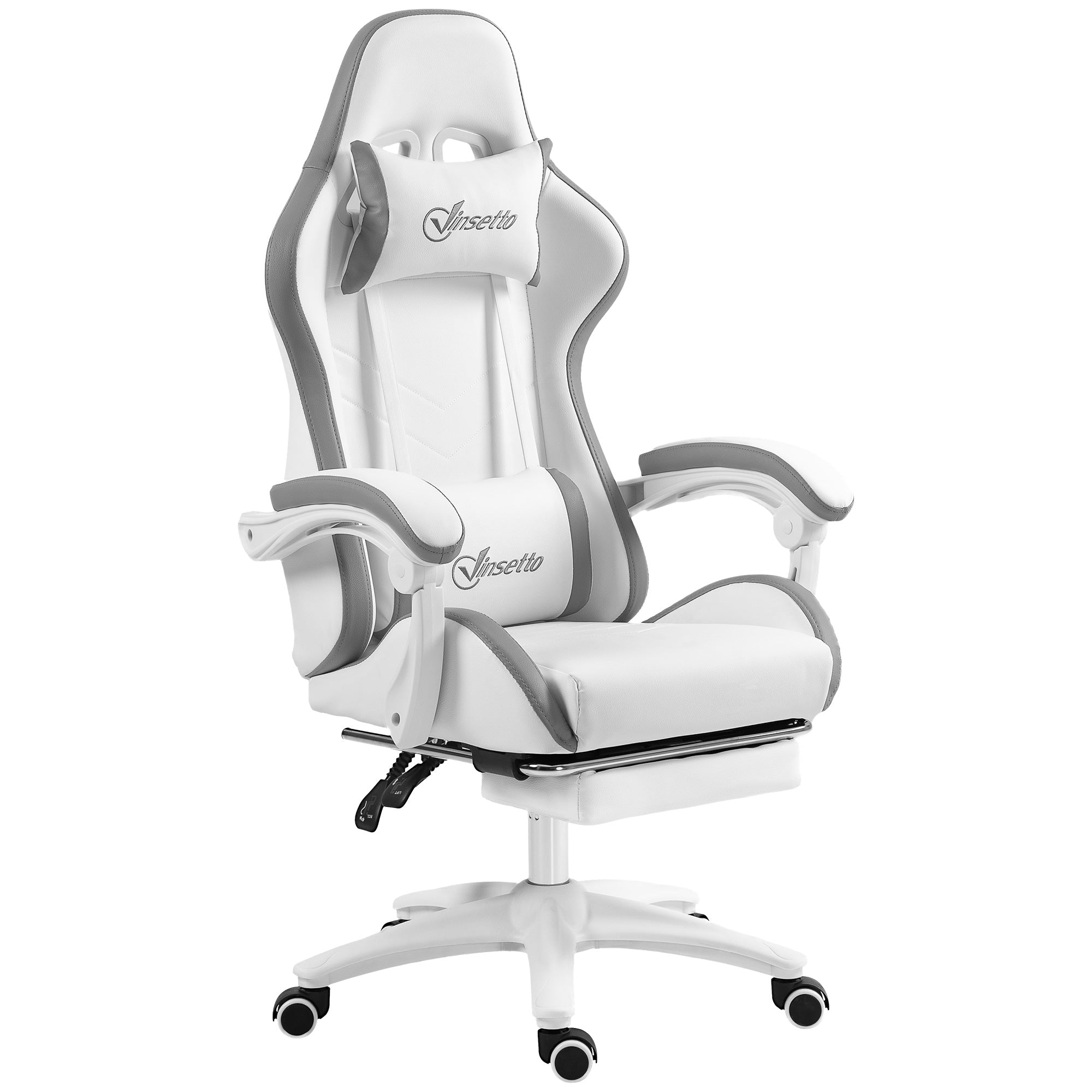 Chaise gaming fauteuil gaming ergonomique repose-pieds télescopique, dossier inclinable à 135°, appui-tête réglable et soutien lombaire, fauteuil de bureau 360° rotatif en similicuir, blanc