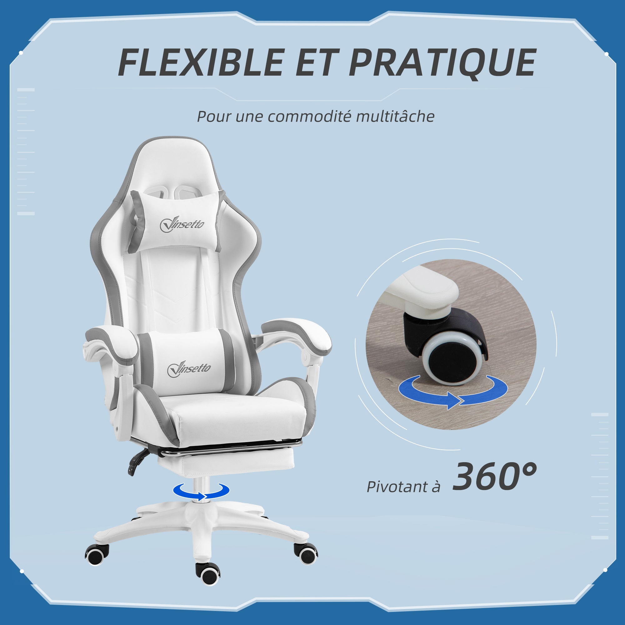 Chaise gaming fauteuil gaming ergonomique repose-pieds télescopique, dossier inclinable à 135°, appui-tête réglable et soutien lombaire, fauteuil de bureau 360° rotatif en similicuir, blanc