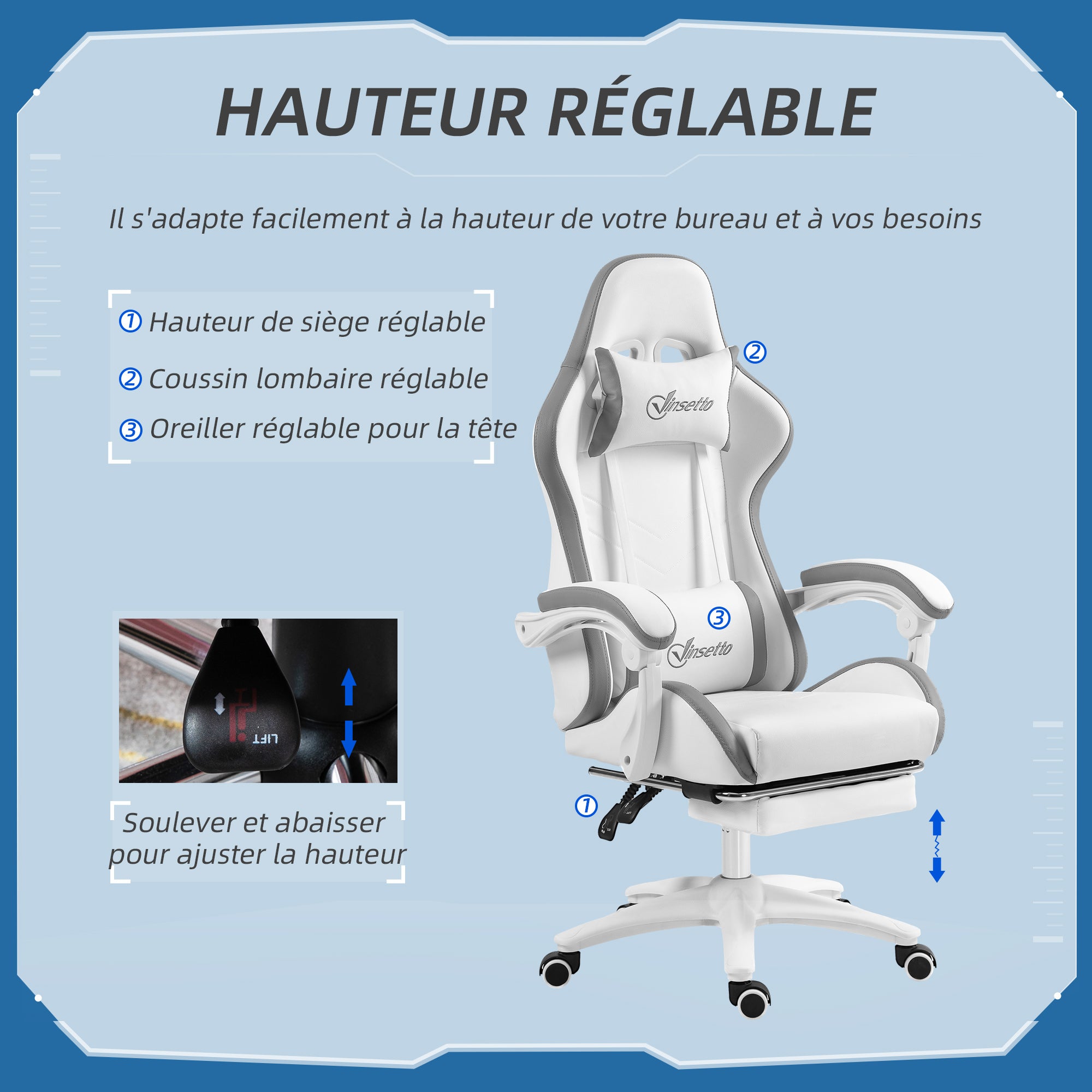 Chaise gaming fauteuil gaming ergonomique repose-pieds télescopique, dossier inclinable à 135°, appui-tête réglable et soutien lombaire, fauteuil de bureau 360° rotatif en similicuir, blanc