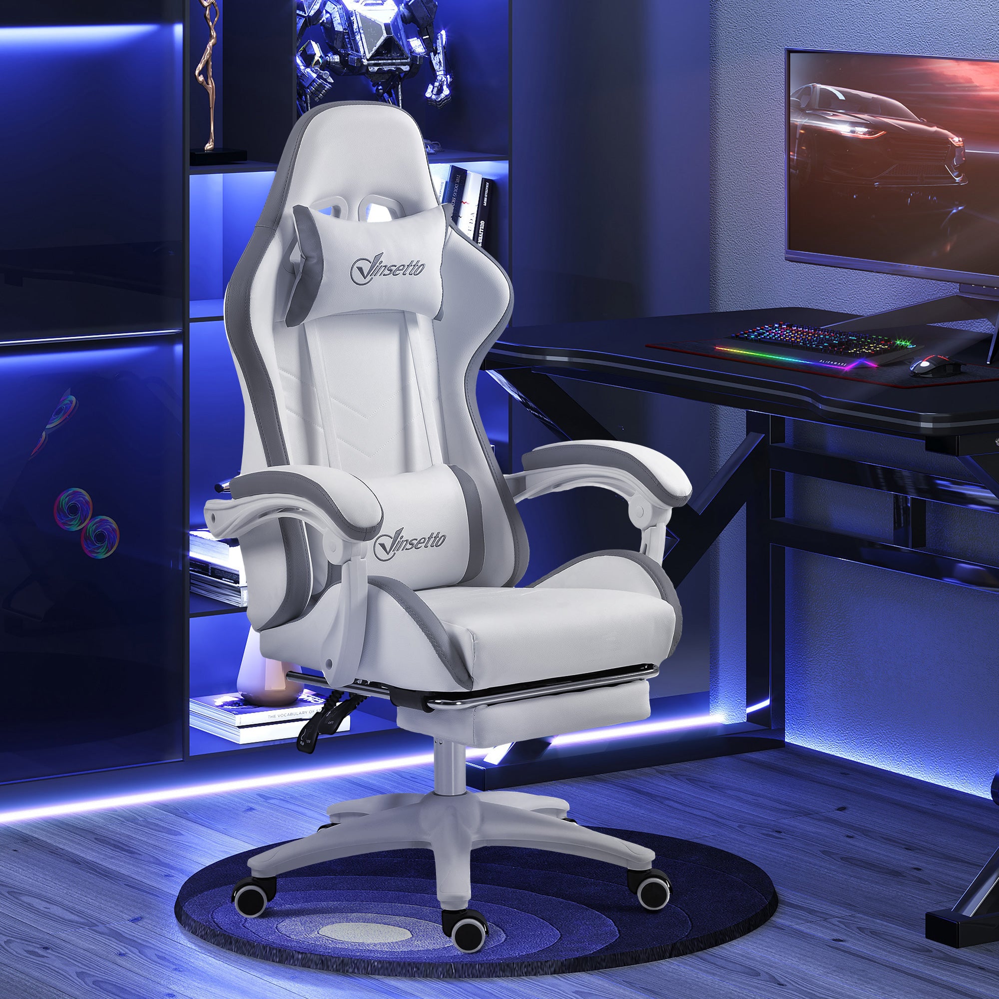 Chaise gaming fauteuil gaming ergonomique repose-pieds télescopique, dossier inclinable à 135°, appui-tête réglable et soutien lombaire, fauteuil de bureau 360° rotatif en similicuir, blanc