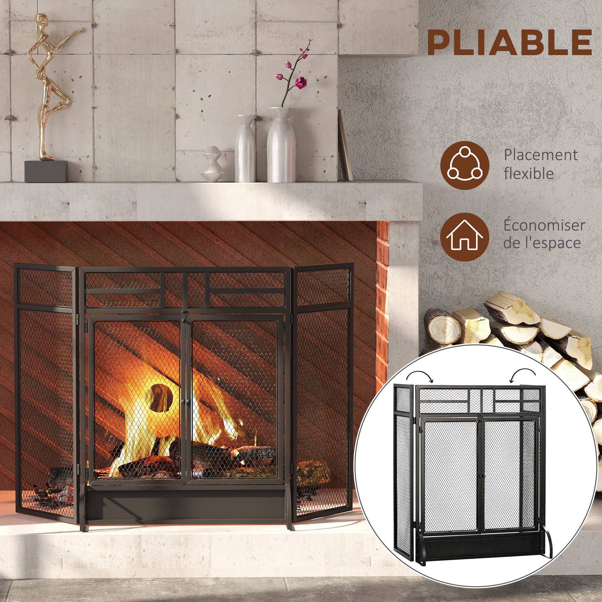 Pare-étincelles grille de protection pour cheminée - pare-feu barrière de sécurité - 3 volets pliables et porte - métal noir
