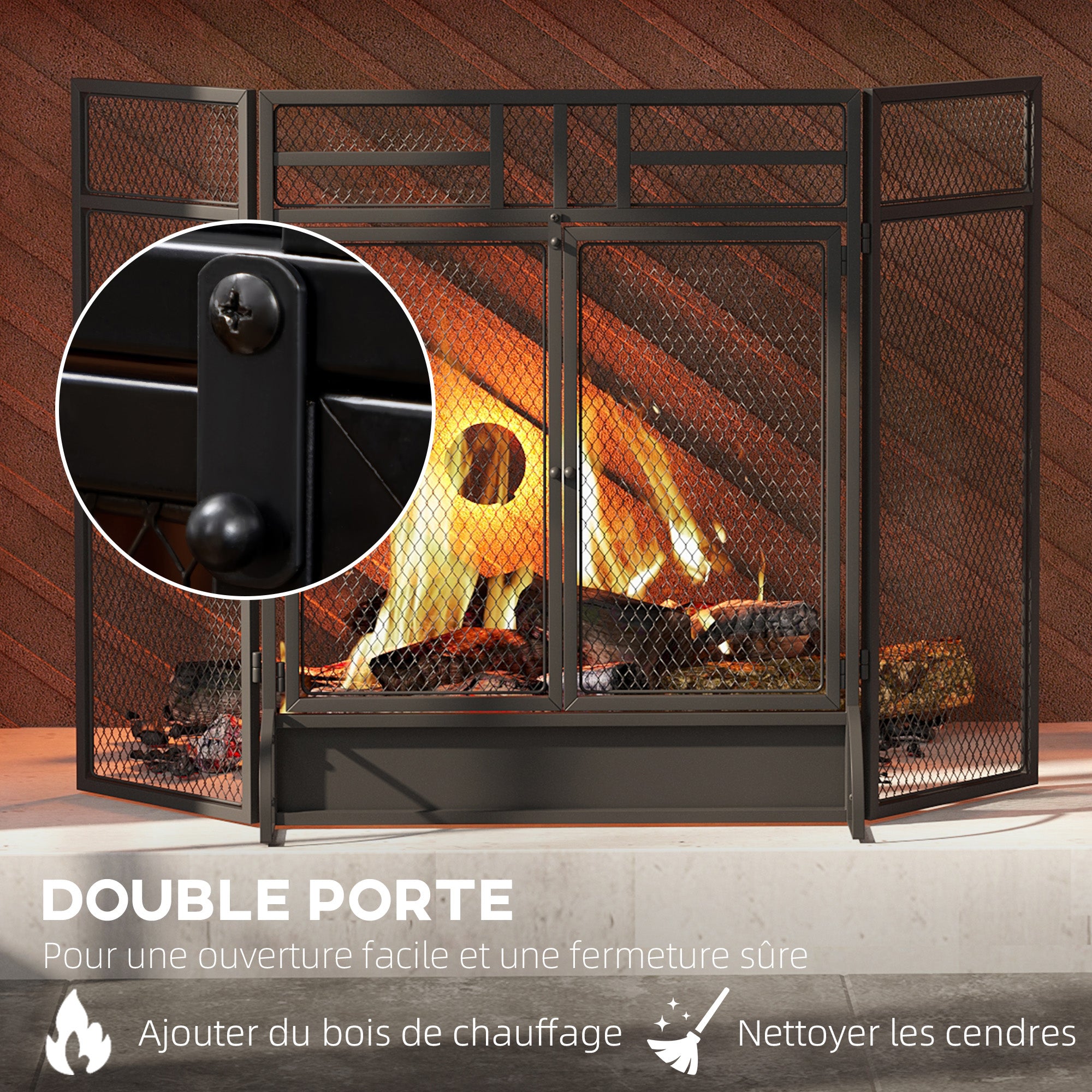 Pare-étincelles grille de protection pour cheminée - pare-feu barrière de sécurité - 3 volets pliables et porte - métal noir