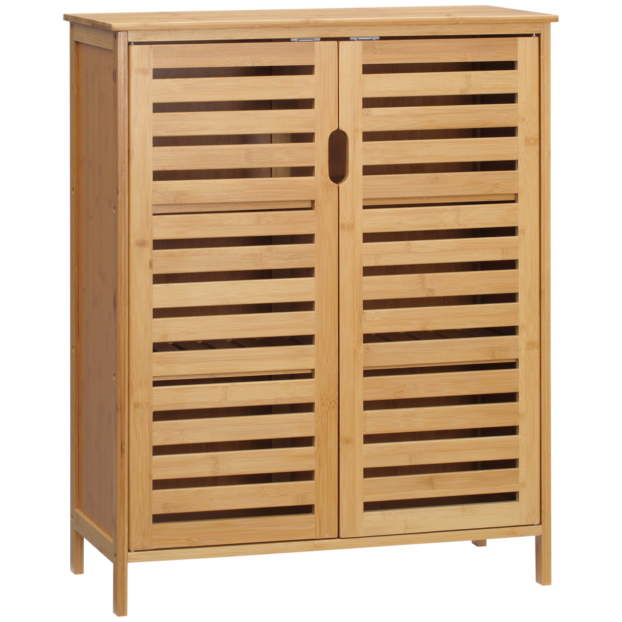 Meuble salle de bain en bambou, armoire salle de bain 3 niveaux avec double porte à lattes, meuble de rangement pour salon, chambre, toilette, 68 x 32 x 86 cm, naturel