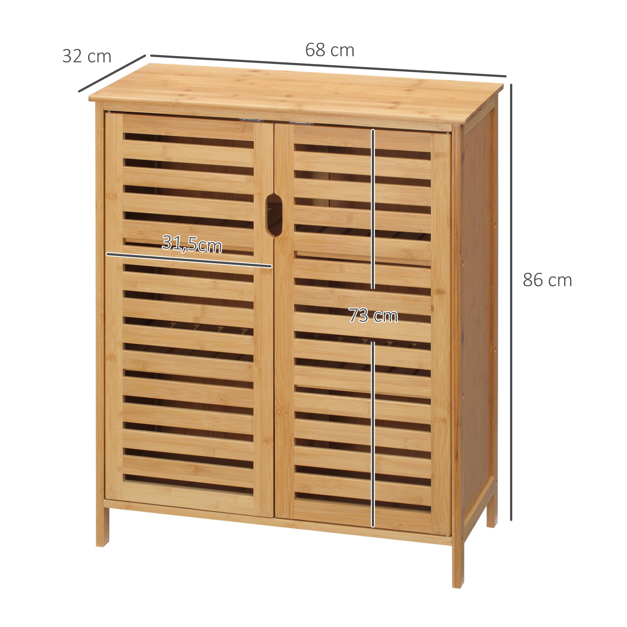 Meuble salle de bain en bambou, armoire salle de bain 3 niveaux avec double porte à lattes, meuble de rangement pour salon, chambre, toilette, 68 x 32 x 86 cm, naturel