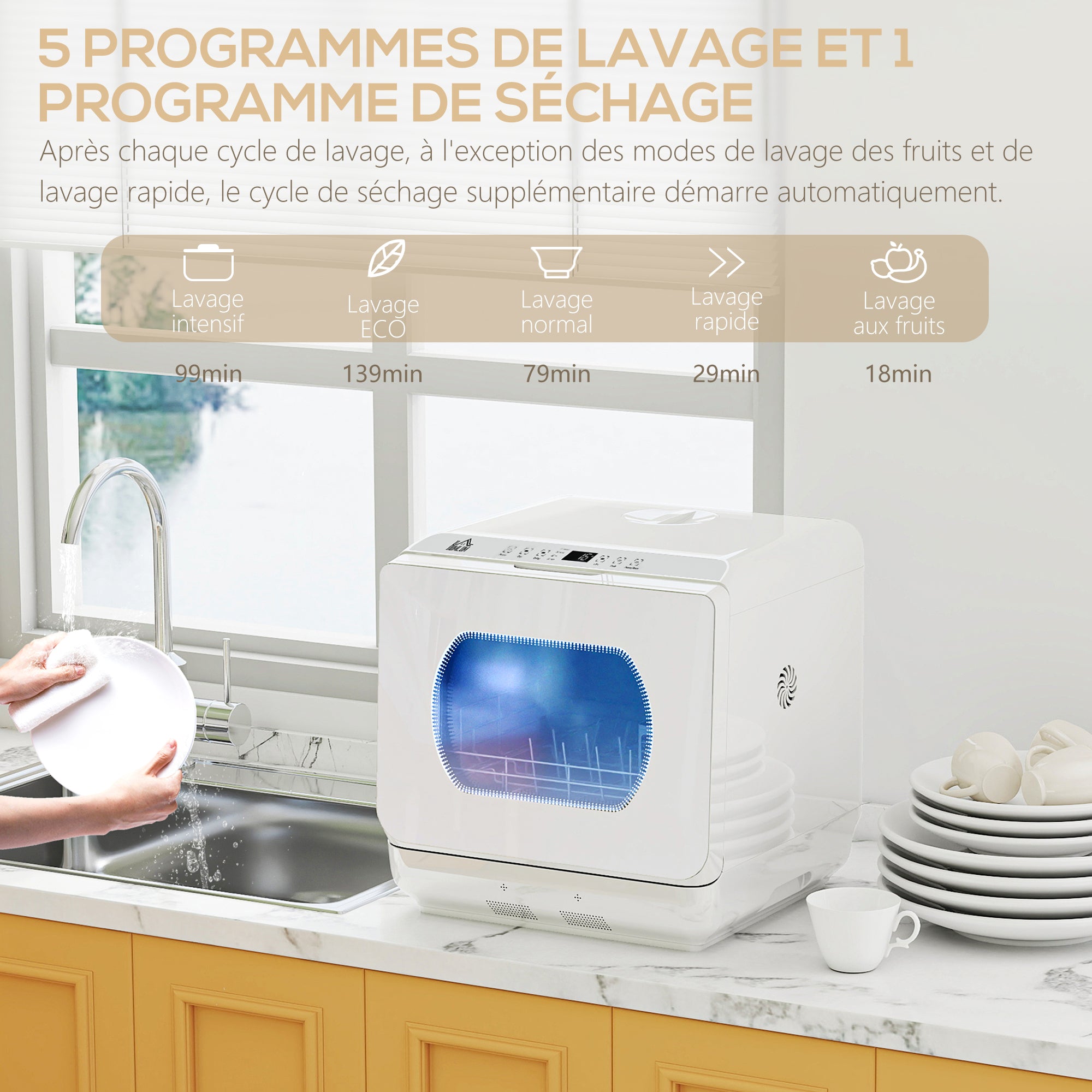 Mini lave-vaisselle 4 couverts, lave-vaisselle de table, 5 programmes, double alimentation en eau, lavage des fruits, réservoir d'eau 6L, commande tactile, affichage LED, départ différé, blanc