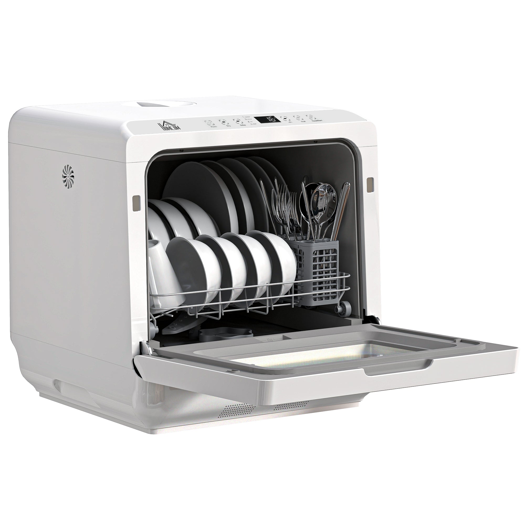 Mini lave-vaisselle 4 couverts, lave-vaisselle de table, 5 programmes, double alimentation en eau, lavage des fruits, réservoir d'eau 6L, commande tactile, affichage LED, départ différé, blanc
