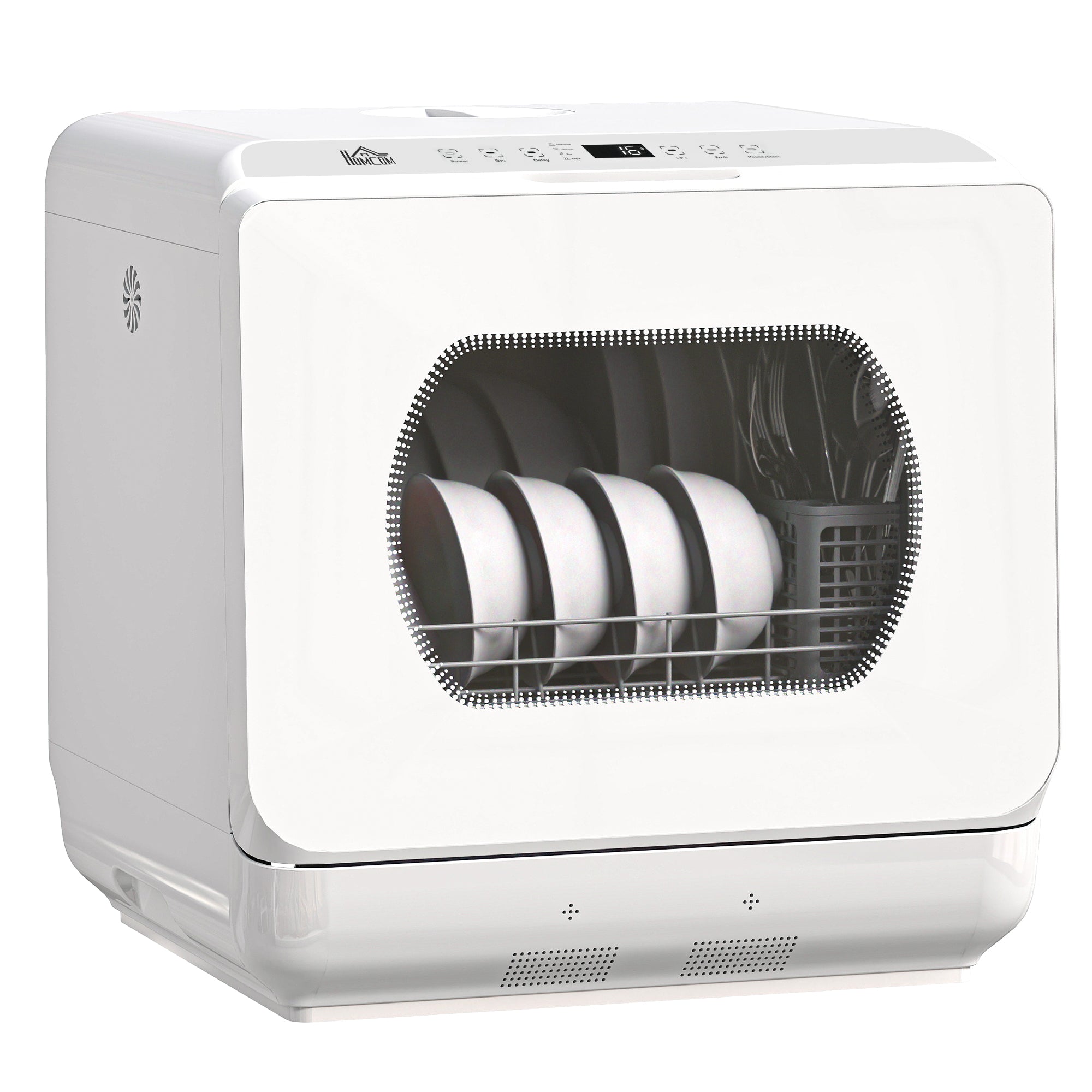 Mini lave-vaisselle 4 couverts, lave-vaisselle de table, 5 programmes, double alimentation en eau, lavage des fruits, réservoir d'eau 6L, commande tactile, affichage LED, départ différé, blanc