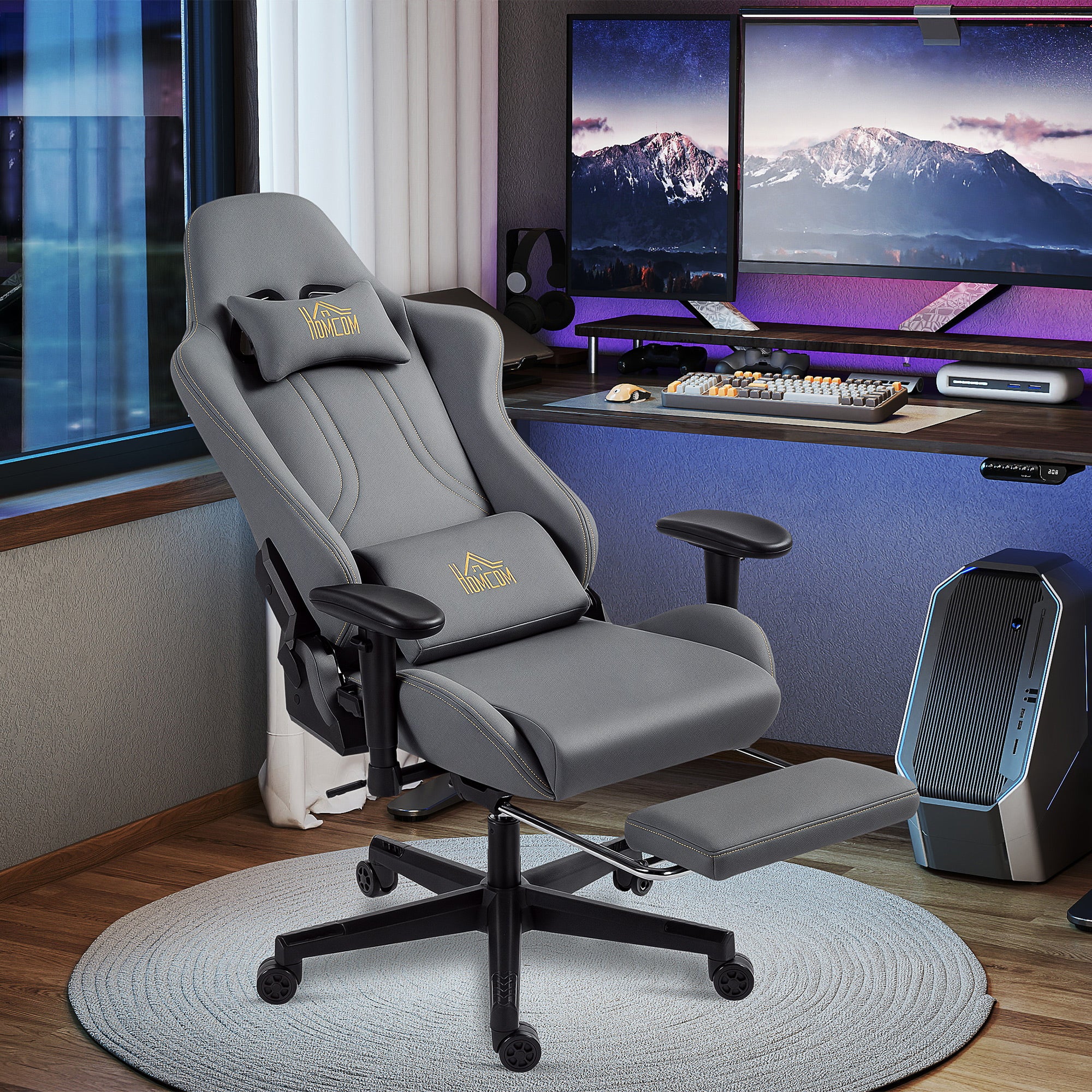 Chaise gaming ergonomique avec accoudoirs réglables, fauteuil gamer en suède avec dossier inclinable, hauteur réglable, repose-pieds, appui-tête, soutien lombaire et pivotant à 360°, gris