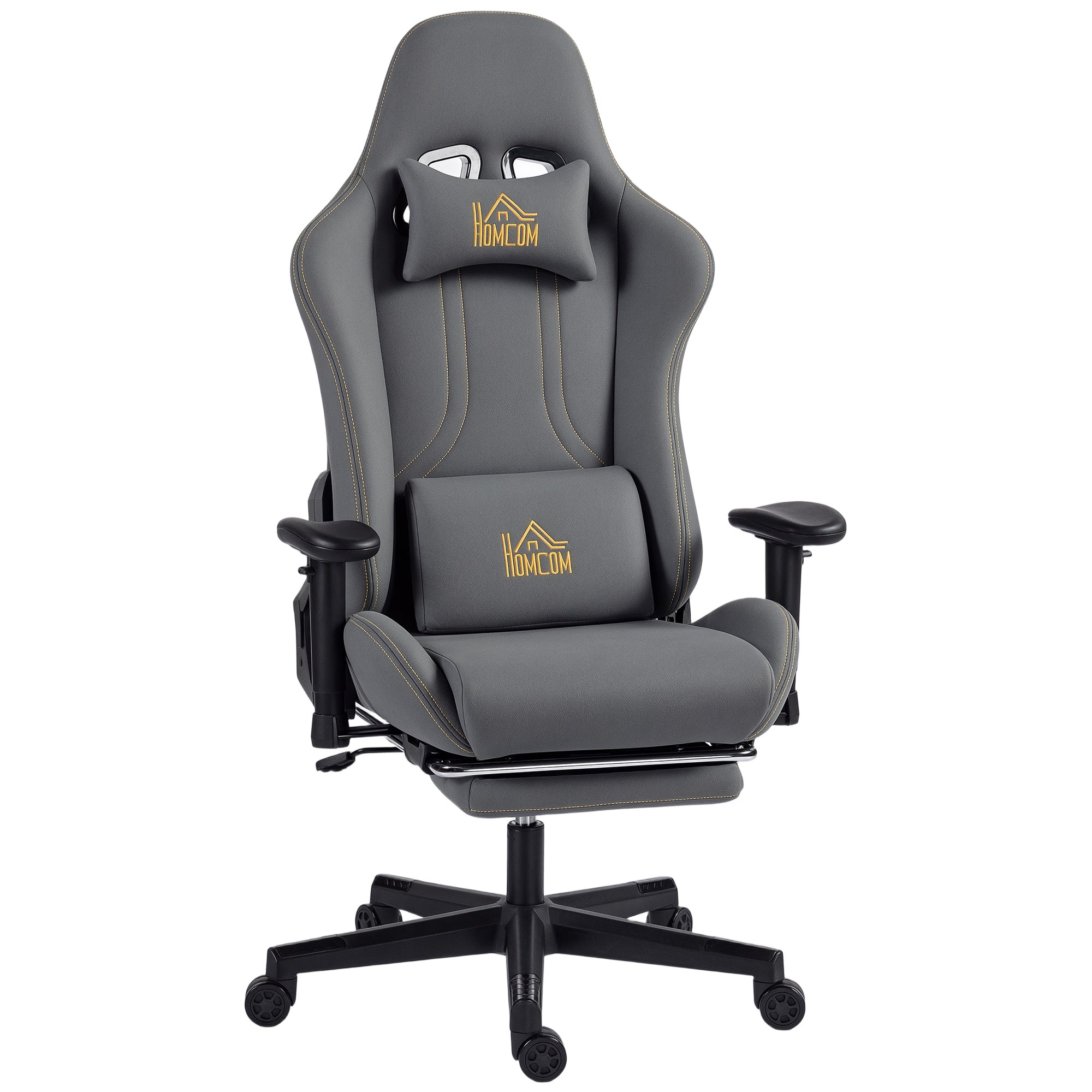 Chaise gaming ergonomique avec accoudoirs réglables, fauteuil gamer en suède avec dossier inclinable, hauteur réglable, repose-pieds, appui-tête, soutien lombaire et pivotant à 360°, gris